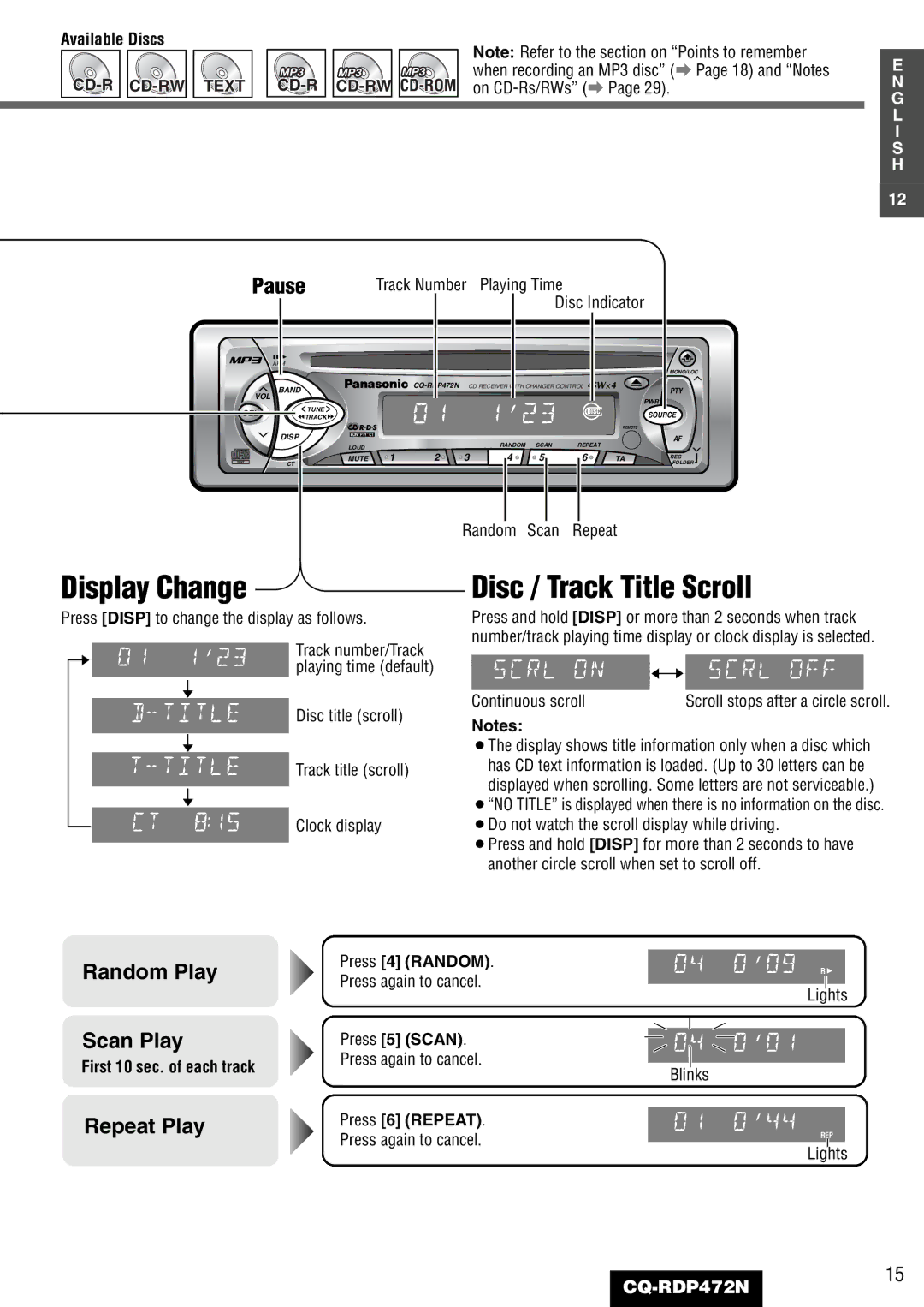 Panasonic CQ-RDP472N manual Disc / Track Title Scroll 