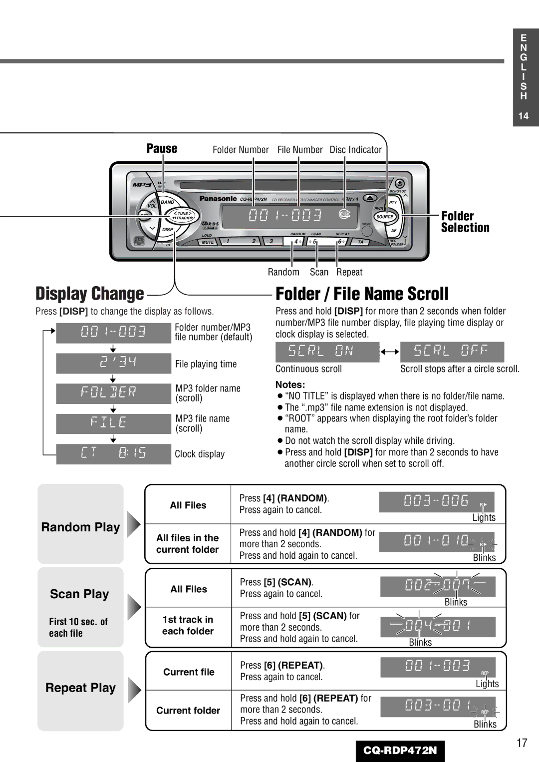 Panasonic CQ-RDP472N manual Folder / File Name Scroll 