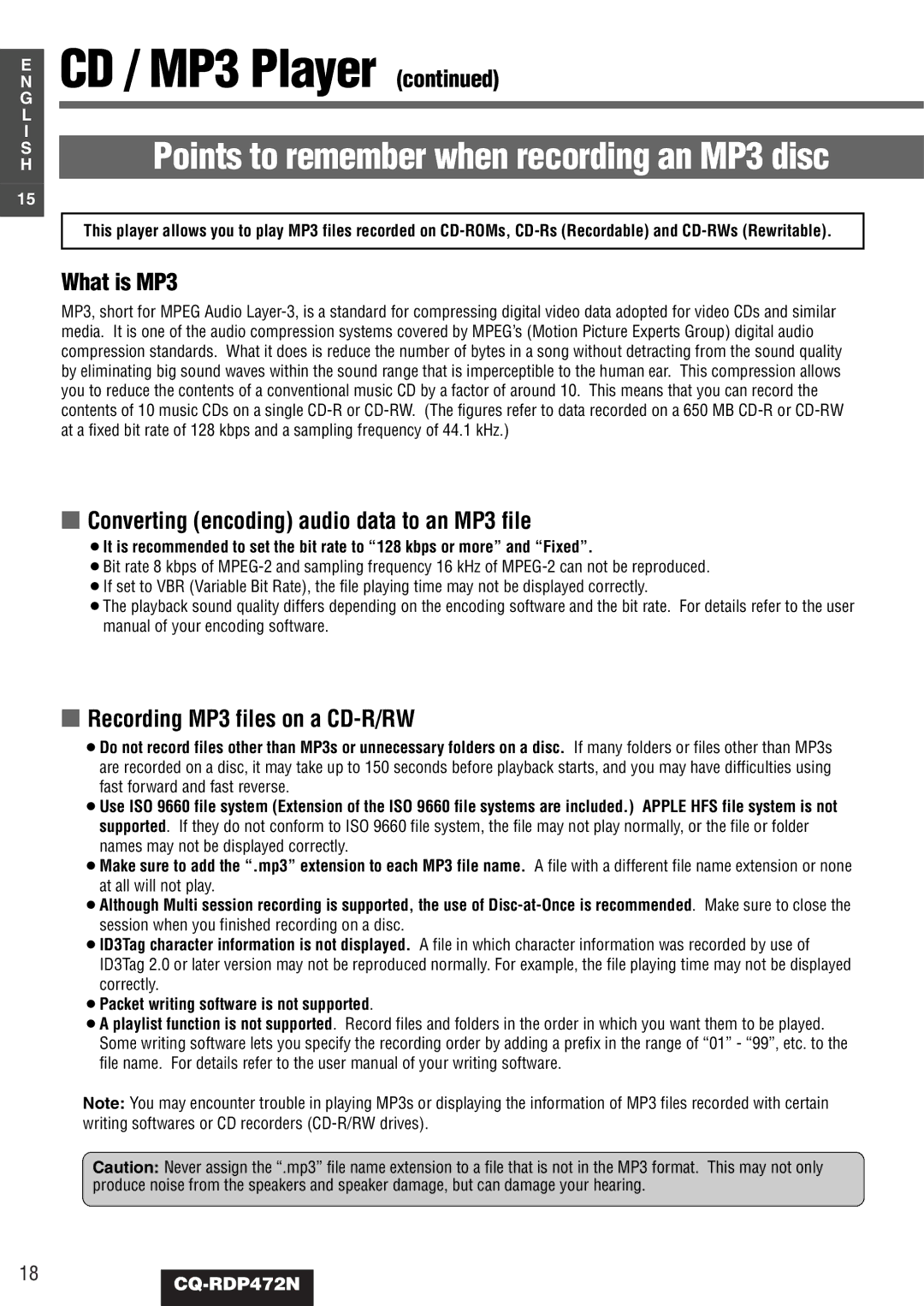 Panasonic CQ-RDP472N manual Points to remember when recording an MP3 disc, ¡Packet writing software is not supported 