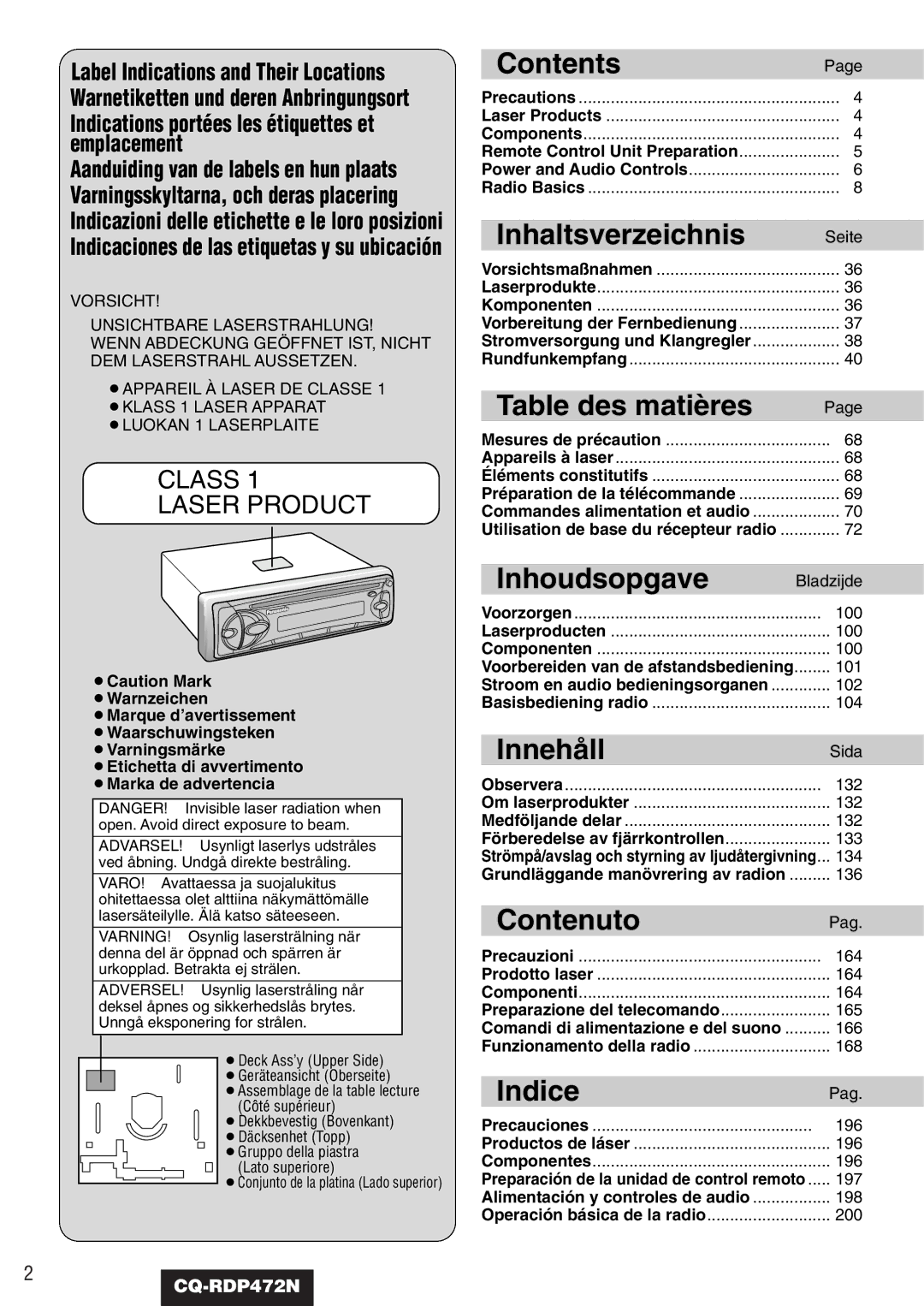 Panasonic CQ-RDP472N manual Contents 