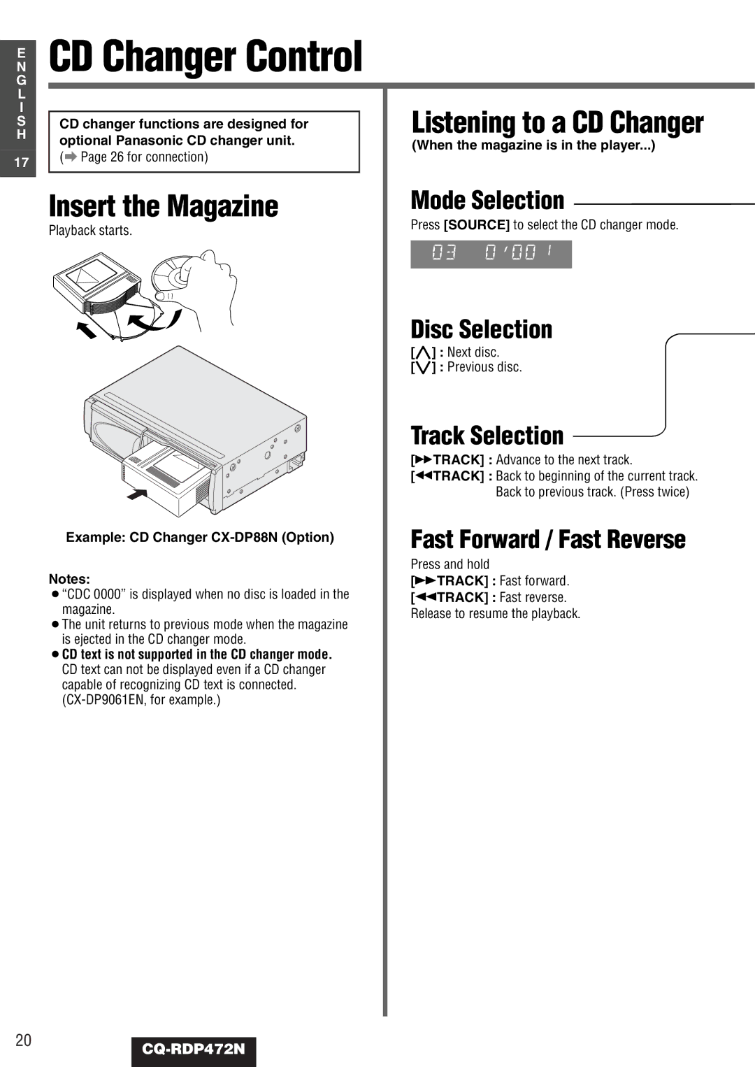 Panasonic CQ-RDP472N manual CD Changer Control, Disc Selection, Example CD Changer CX-DP88N Option 