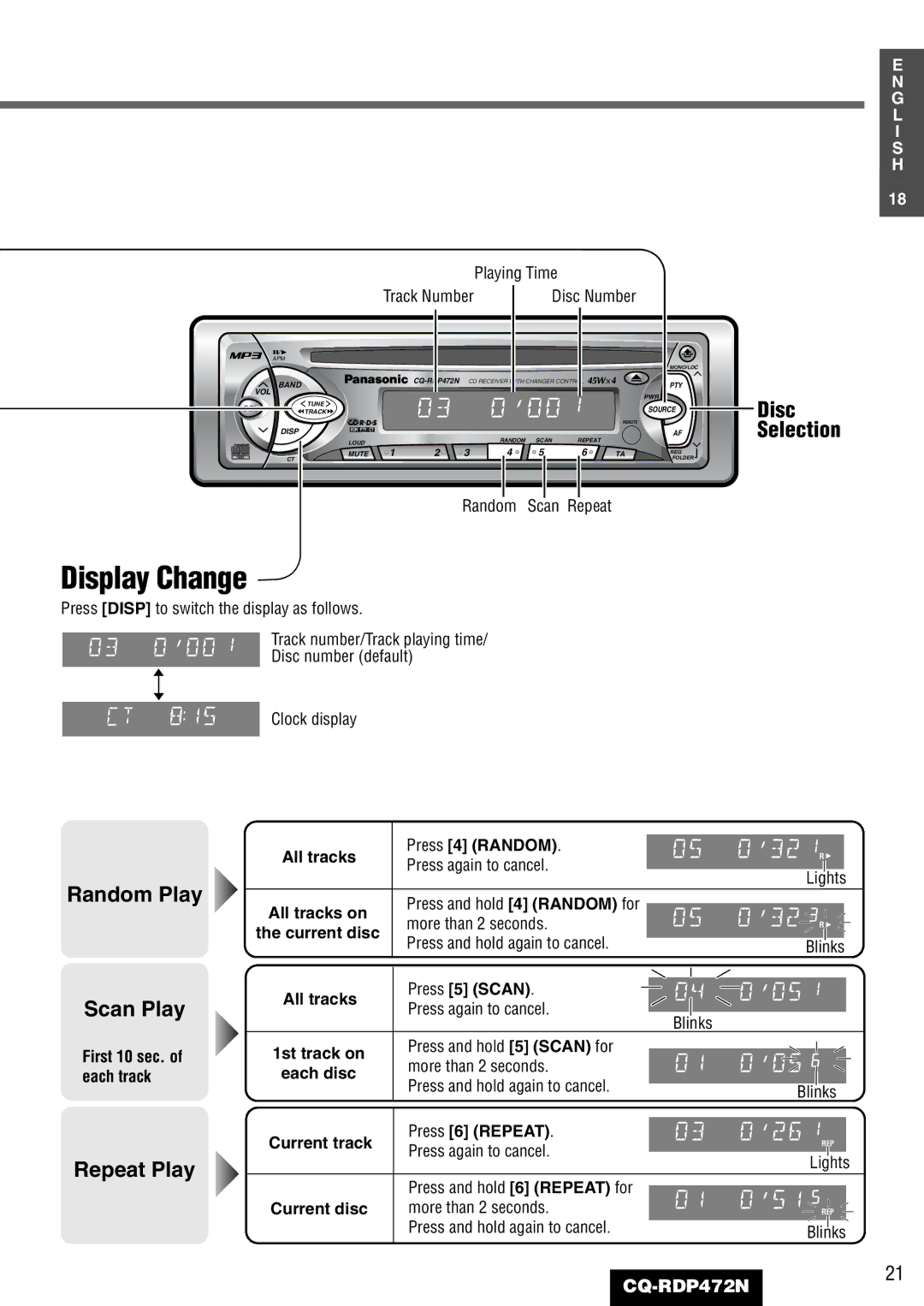 Panasonic CQ-RDP472N manual All tracks Press 4 Random, All tracks on, Current disc, All tracks Press 5 Scan, 1st track on 