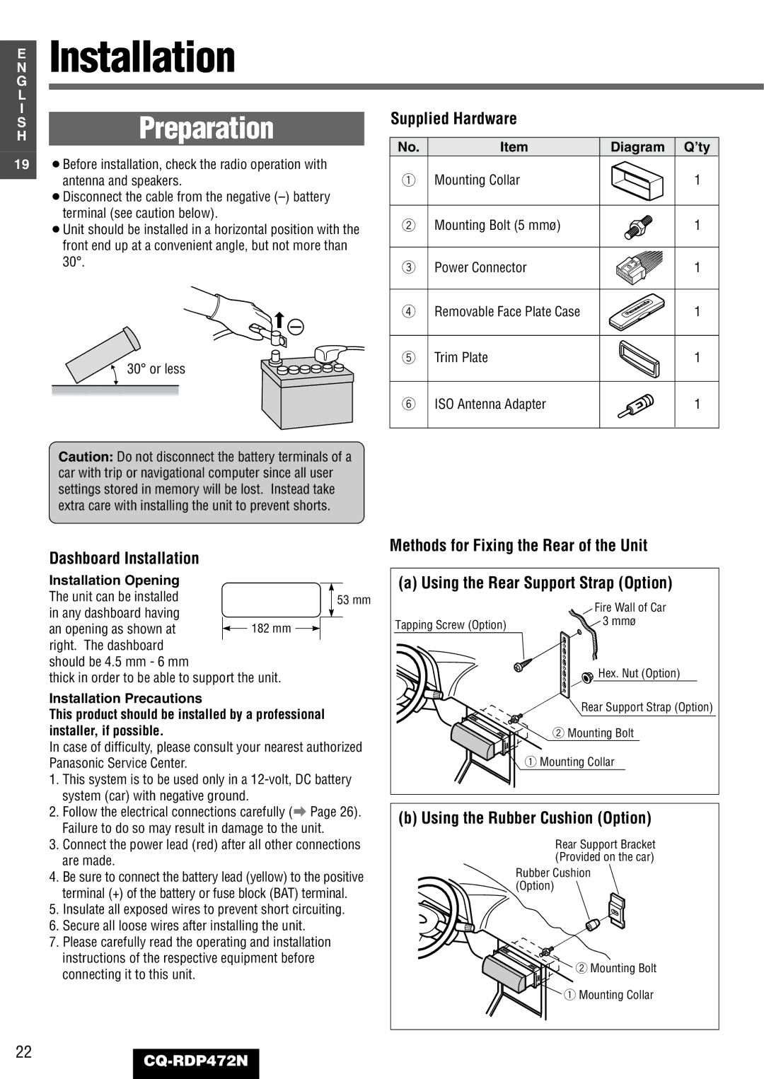 Panasonic CQ-RDP472N manual Diagram Q’ty, Installation Opening, Unit can be installed 