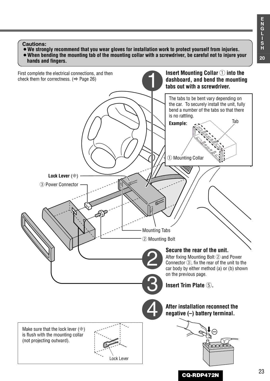 Panasonic CQ-RDP472N manual Lock Lever C, ExampleTab, Mounting Collar Mounting Tabs Mounting Bolt 