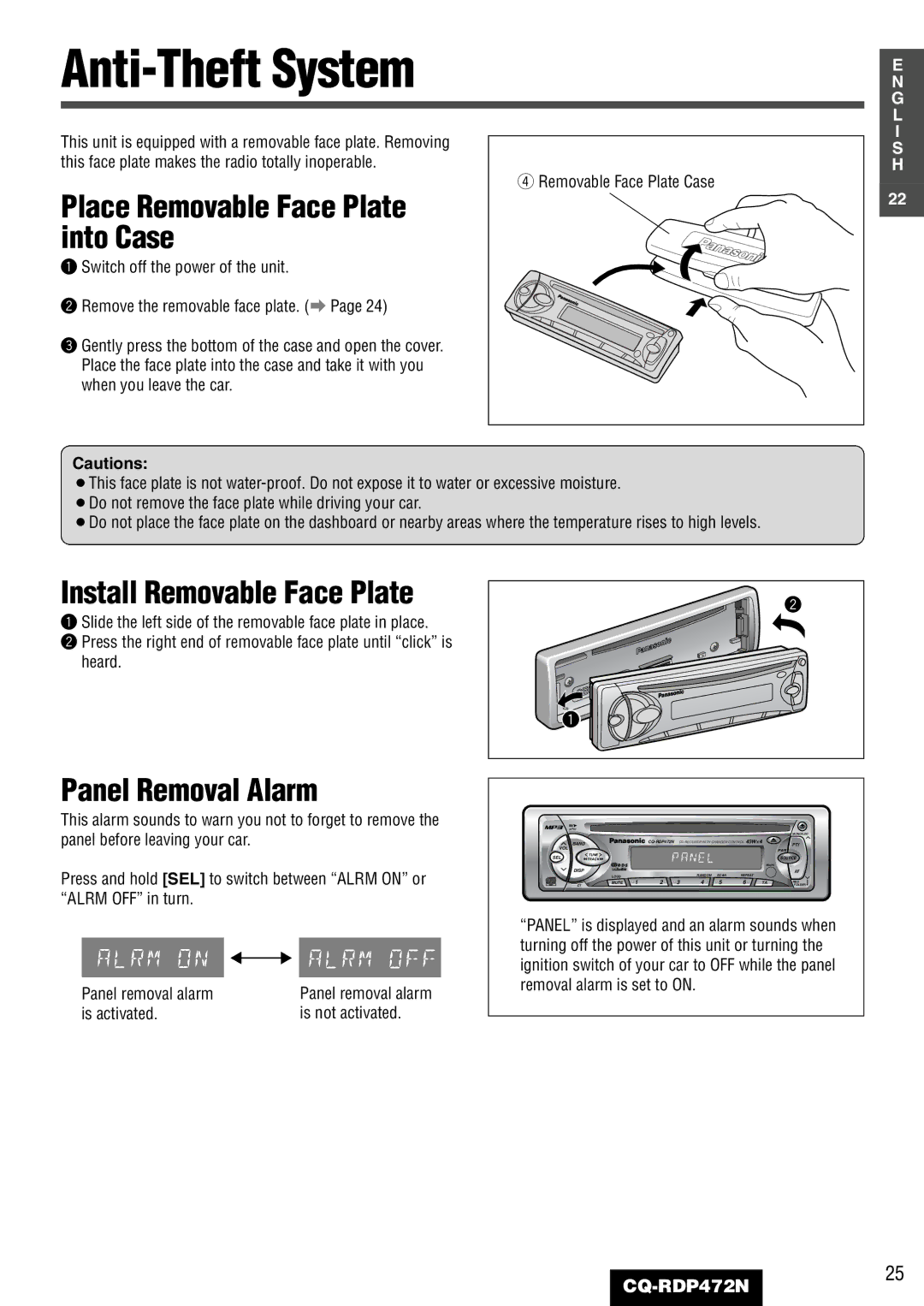 Panasonic CQ-RDP472N manual Anti-Theft System, Place Removable Face Plate into Case, Install Removable Face Plate 