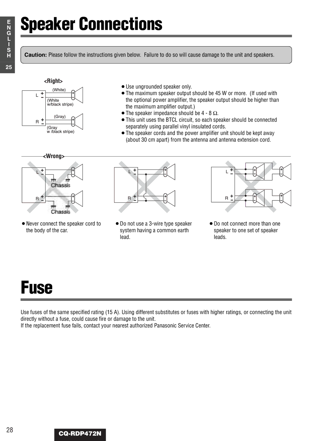 Panasonic CQ-RDP472N manual Speaker Connections, Fuse 