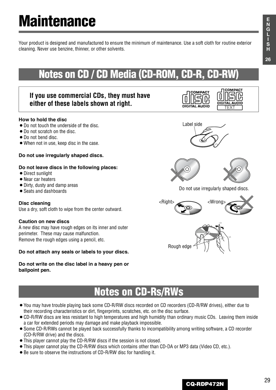 Panasonic CQ-RDP472N manual How to hold the disc, ¡Near car heaters, Disc cleaning 