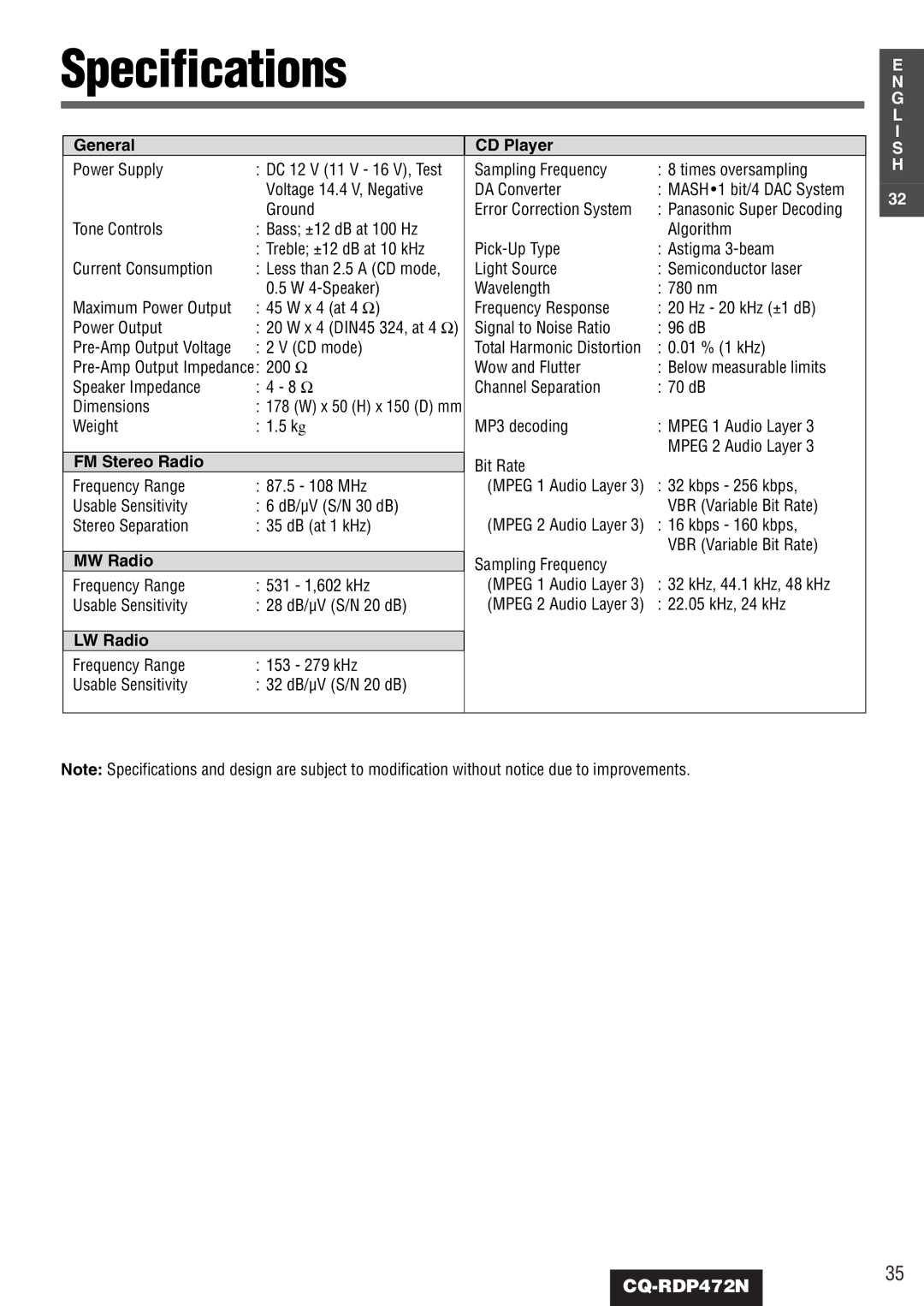 Panasonic CQ-RDP472N manual Specifications, General CD Player, FM Stereo Radio, MW Radio, LW Radio 