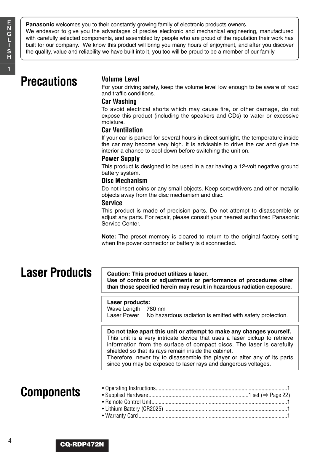 Panasonic CQ-RDP472N manual Traffic conditions, Laser products, Wave Length 780 nm Laser Power 