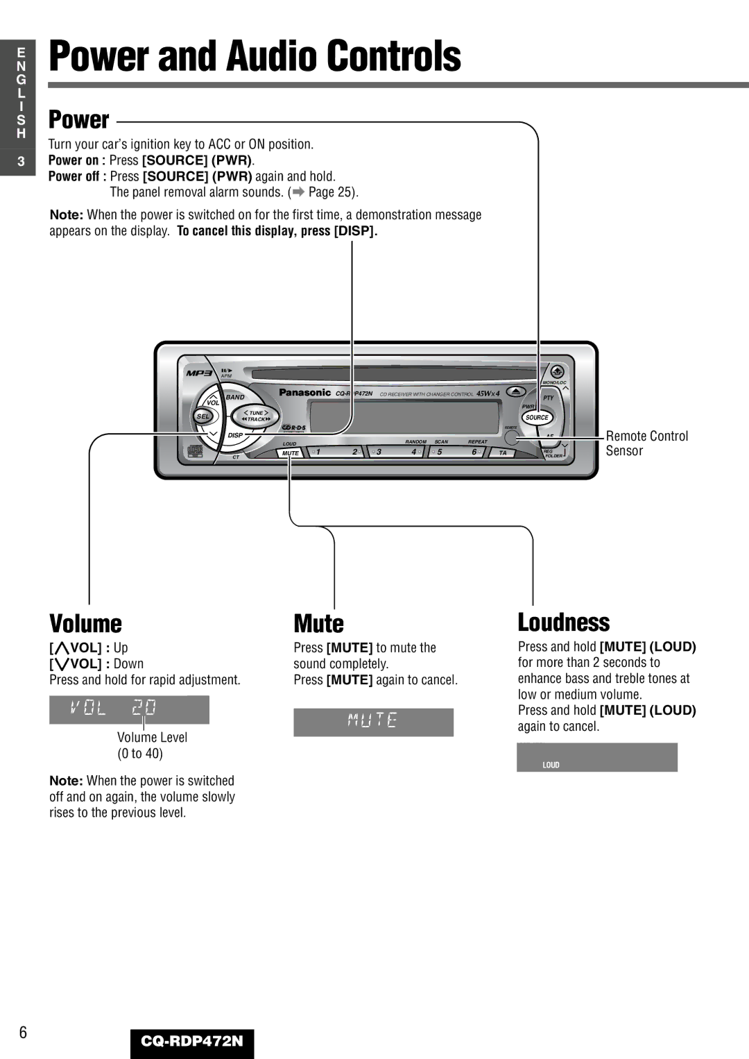 Panasonic CQ-RDP472N manual Power and Audio Controls, Volume, Mute, Loudness 