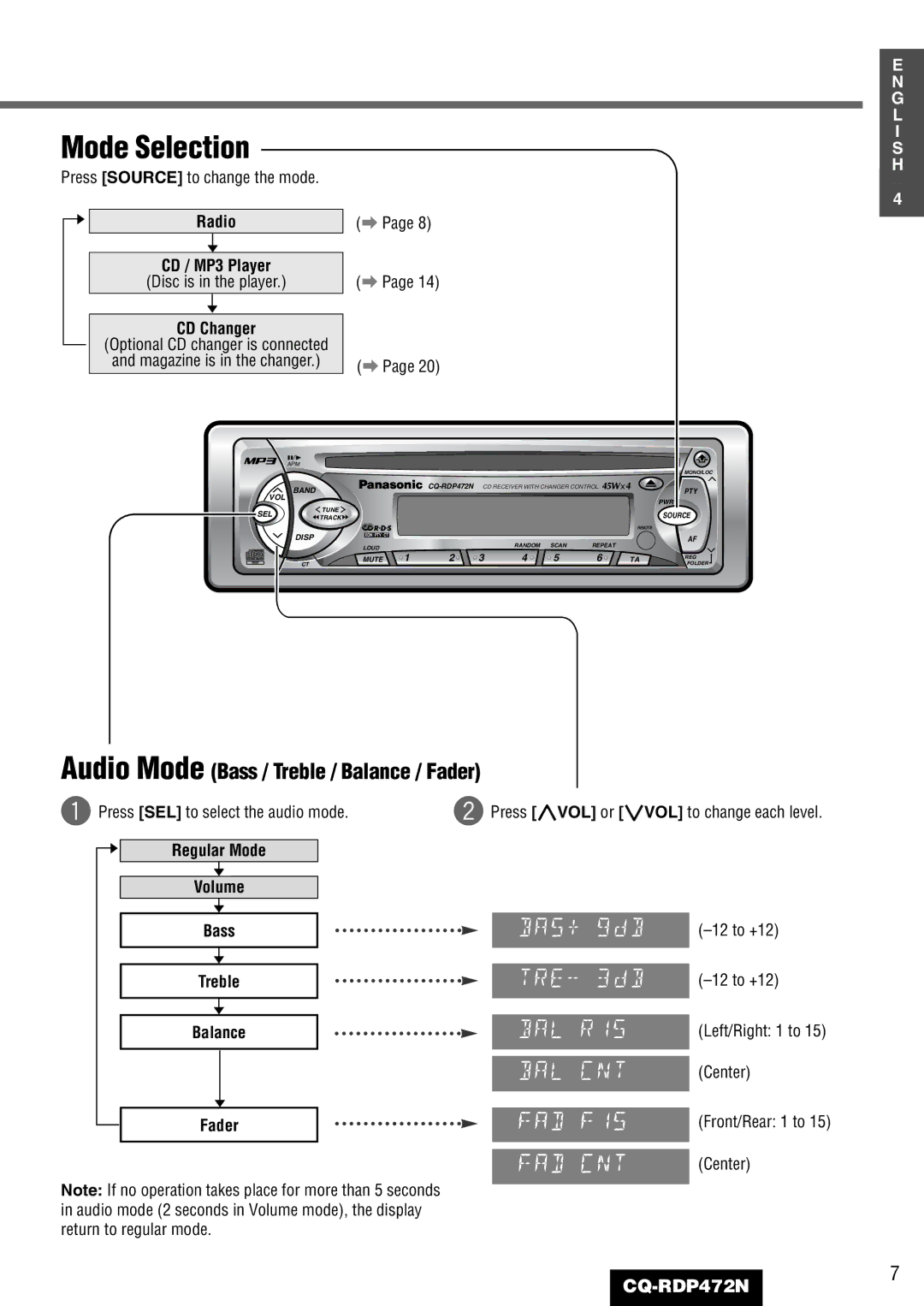 Panasonic CQ-RDP472N Mode Selection, Radio CD / MP3 Player, CD Changer, Regular Mode Volume Bass Treble Balance Fader 