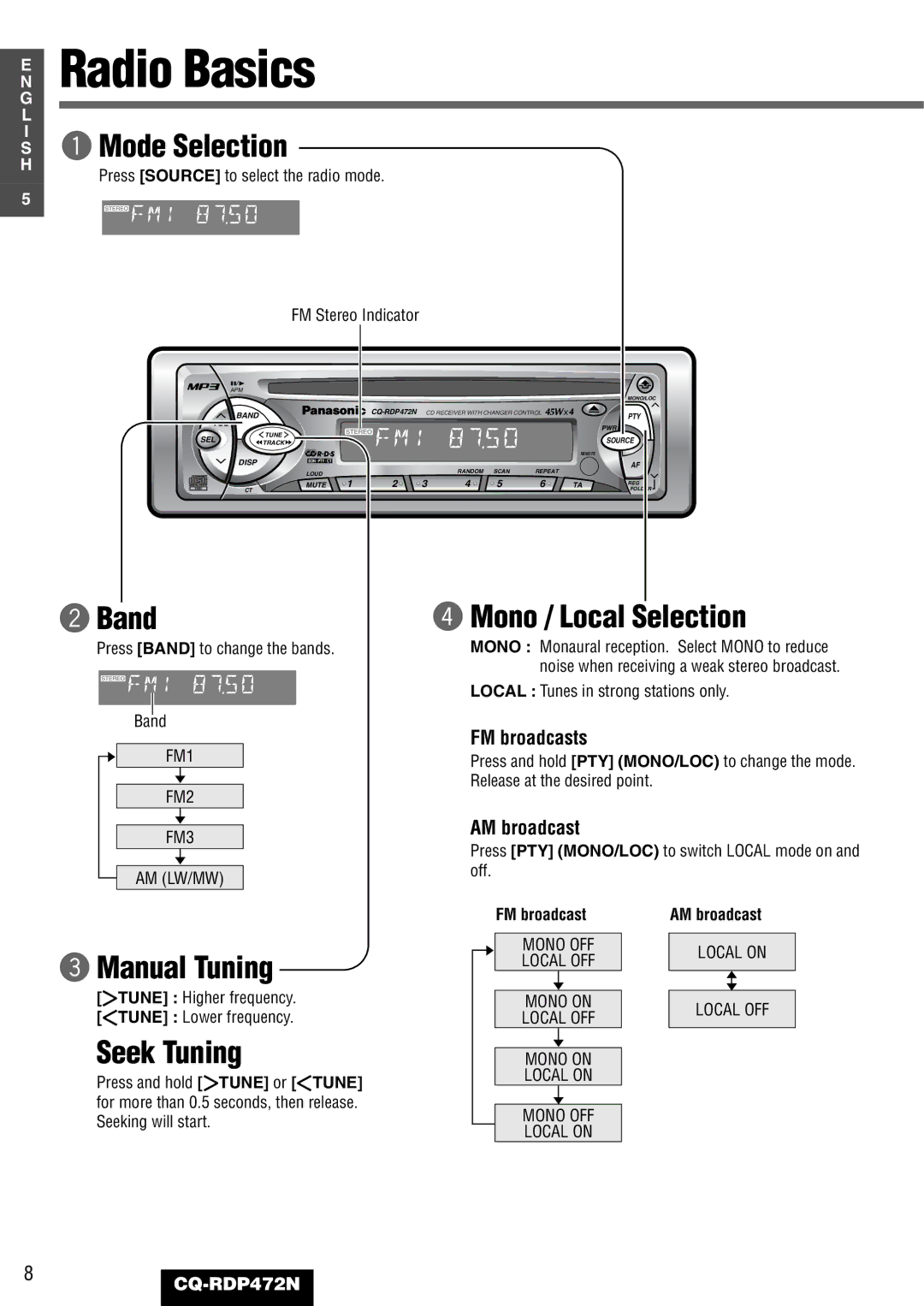 Panasonic CQ-RDP472N manual Radio Basics, Band, Mono / Local Selection, Manual Tuning, Seek Tuning 