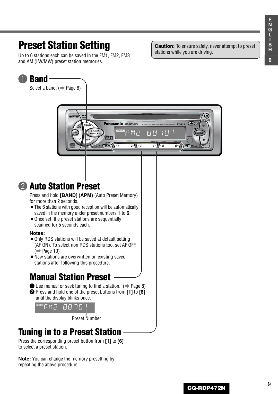 Panasonic CQ-RDP472N manual Auto Station Preset, Manual Station Preset, Tuning in to a Preset Station 