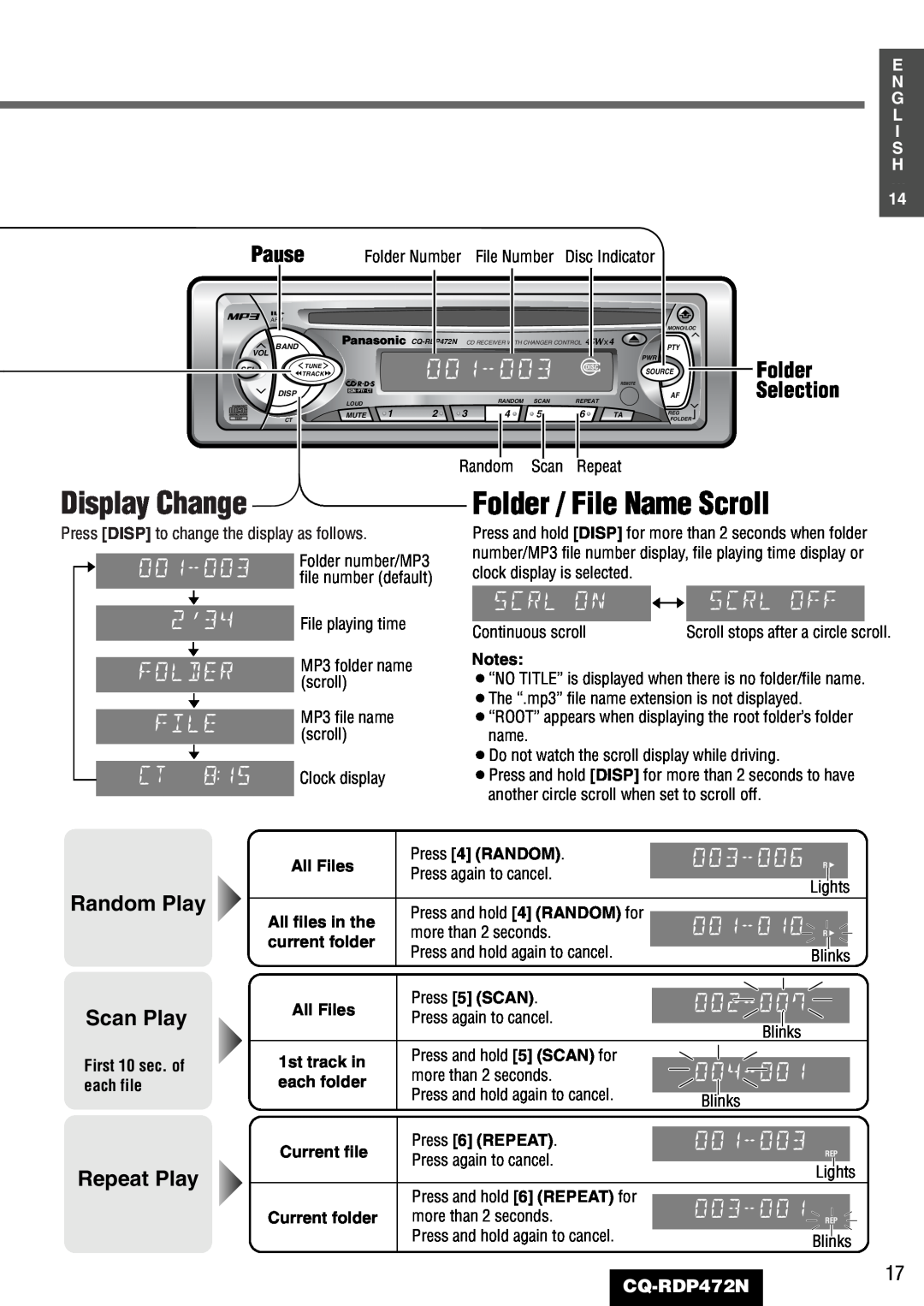 Panasonic CQ-RDP472N Display Change, Folder / File Name Scroll, 003-001¡ Rs, Random Play, Repeat Play, File playing time 