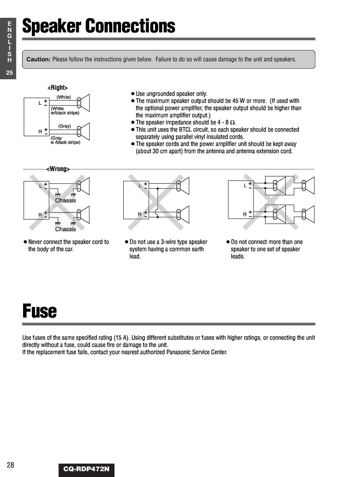 Panasonic CQ-RDP472N manual E Speaker Connections, Fuse, G L I S 