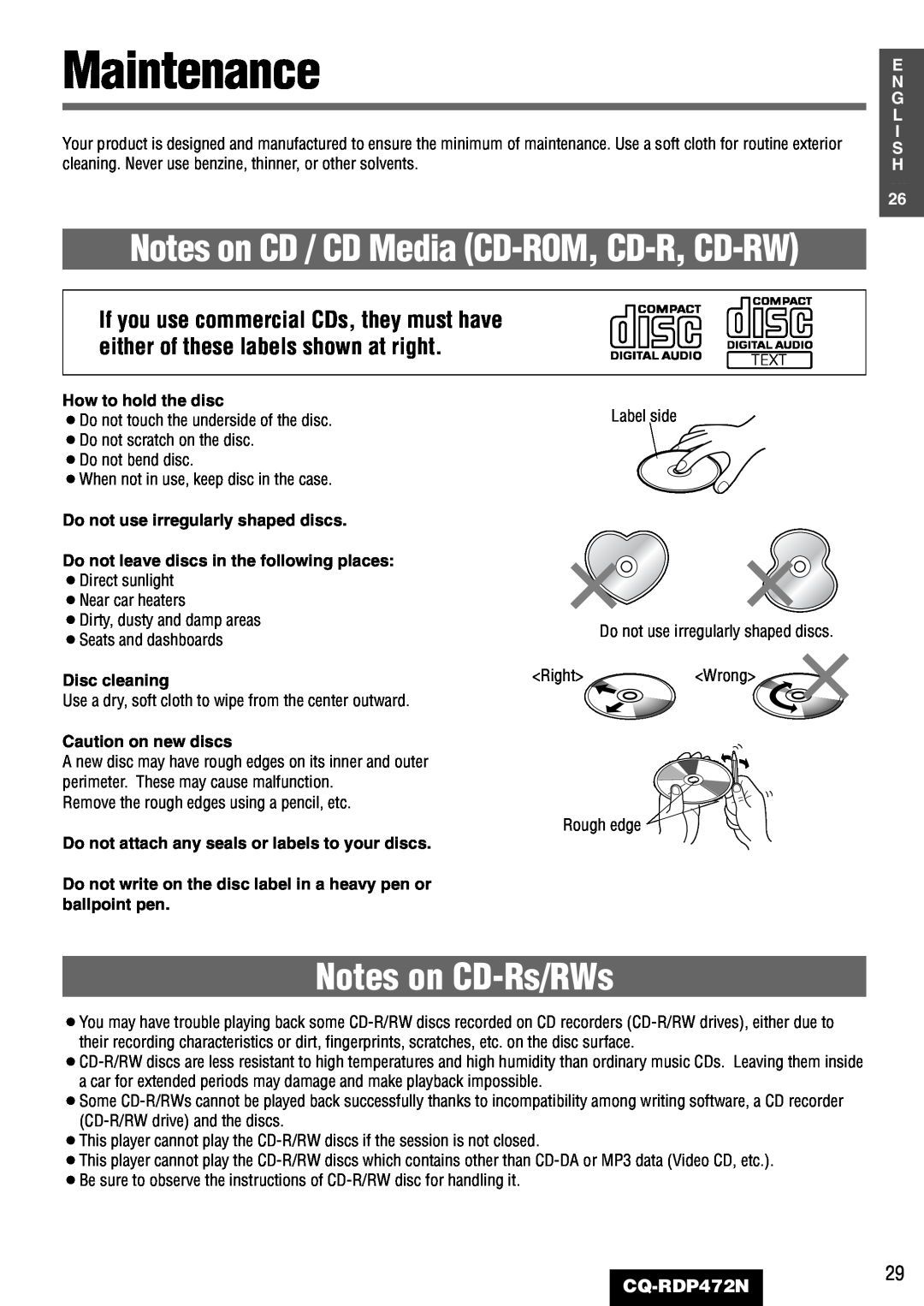 Panasonic CQ-RDP472N manual Maintenance, Notes on CD-Rs/RWs, Notes on CD / CD Media CD-ROM, CD-R, CD-RW 