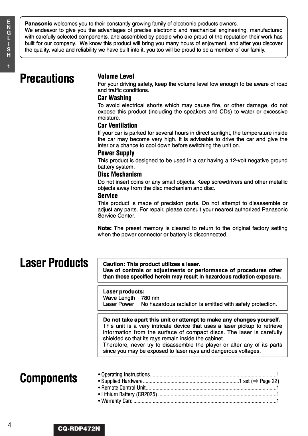 Panasonic CQ-RDP472N Precautions, Components, Laser Products, Volume Level, Car Washing, Car Ventilation, Power Supply 