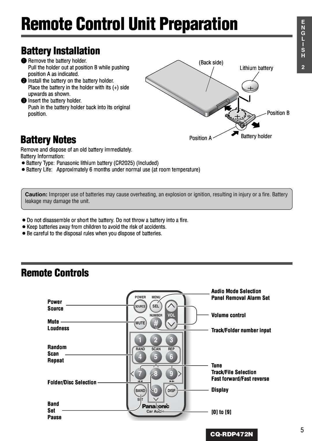 Panasonic CQ-RDP472N manual Remote Control Unit Preparation, Battery Installation, Battery Notes, Remote Controls 