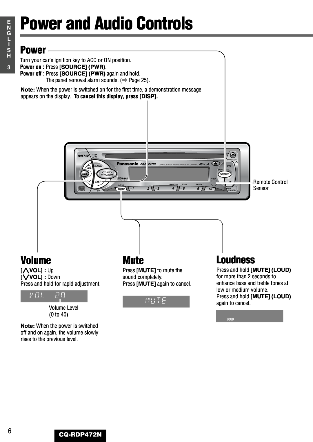 Panasonic CQ-RDP472N manual E Power and Audio Controls, S Power, Volume, Mute, Loudness, 20 ¡ Rs 