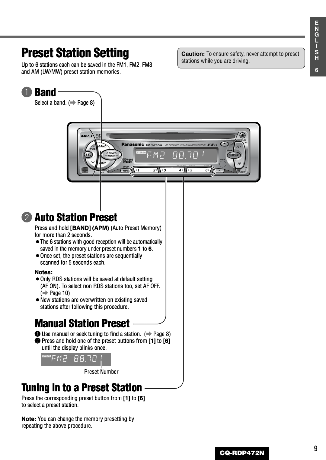 Panasonic CQ-RDP472N manual Preset Station Setting, qBand, wAuto Station Preset, Manual Station Preset 