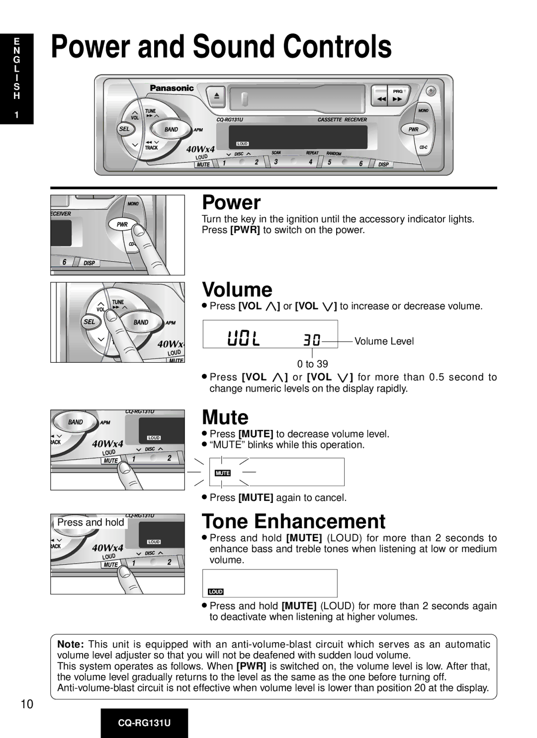 Panasonic CQ-RG131U manual Power and Sound Controls, Volume, Mute, Tone Enhancement 