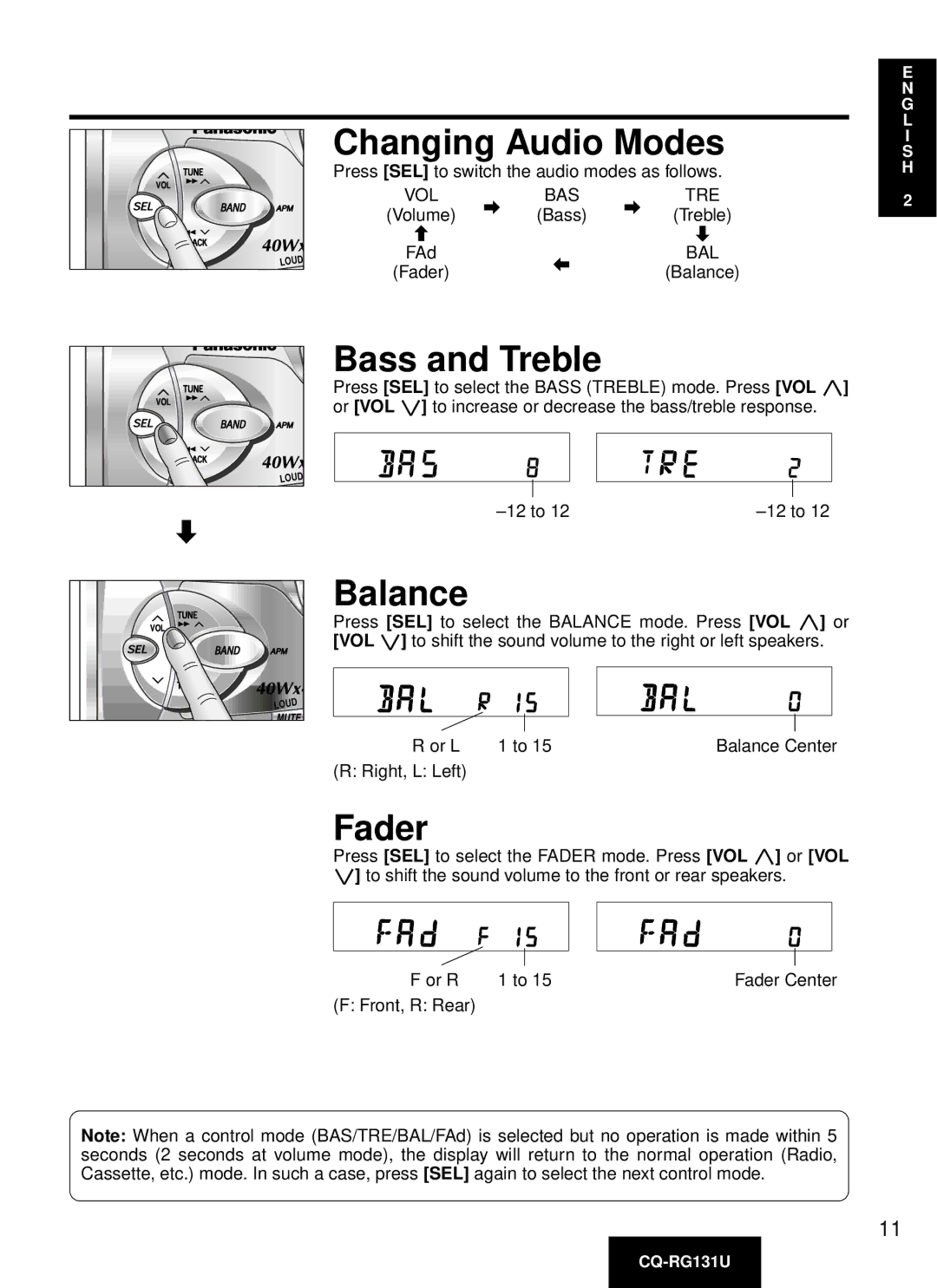 Panasonic CQ-RG131U manual Changing Audio Modes, Bass and Treble, Balance, Fader 