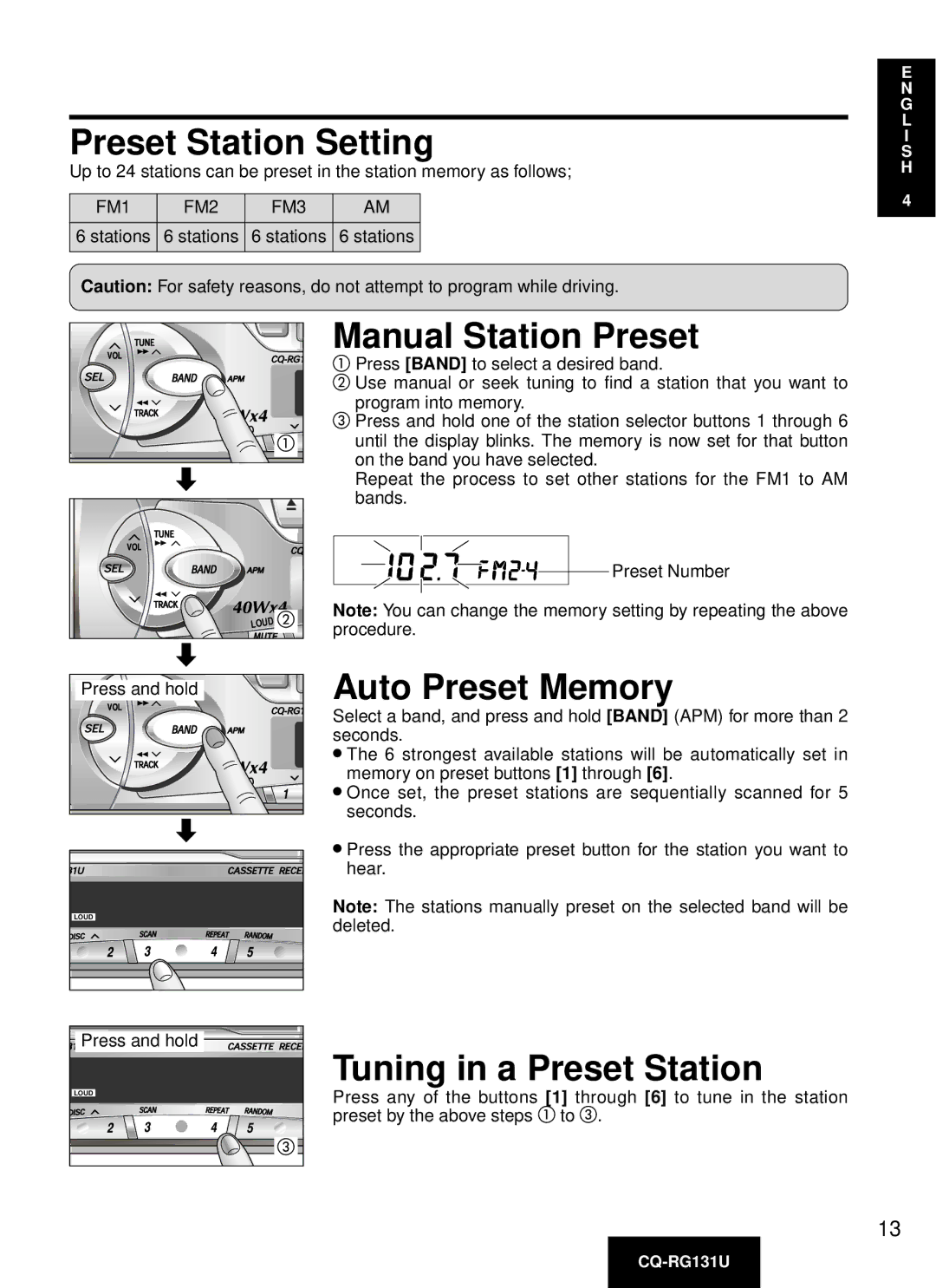 Panasonic CQ-RG131U manual Preset Station Setting, Manual Station Preset, Auto Preset Memory, Tuning in a Preset Station 