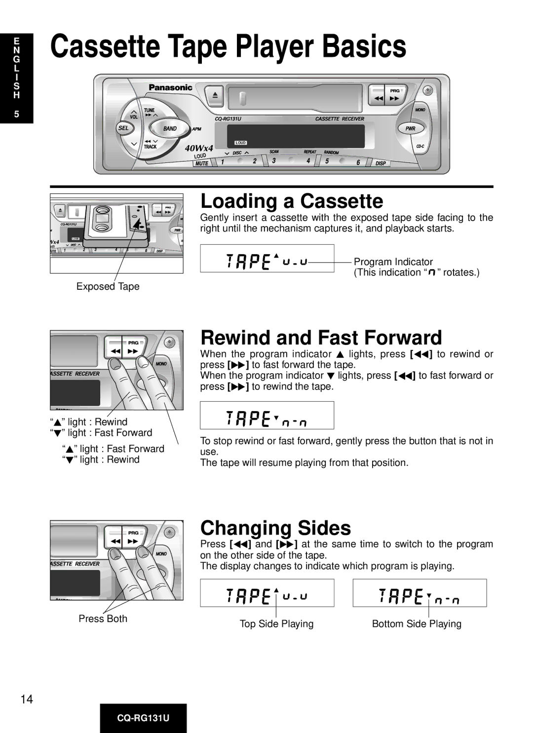 Panasonic CQ-RG131U manual Cassette Tape Player Basics, Loading a Cassette, Rewind and Fast Forward, Changing Sides 