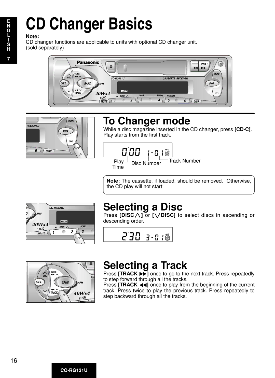 Panasonic CQ-RG131U manual CD Changer Basics, To Changer mode, Selecting a Disc, Selecting a Track 