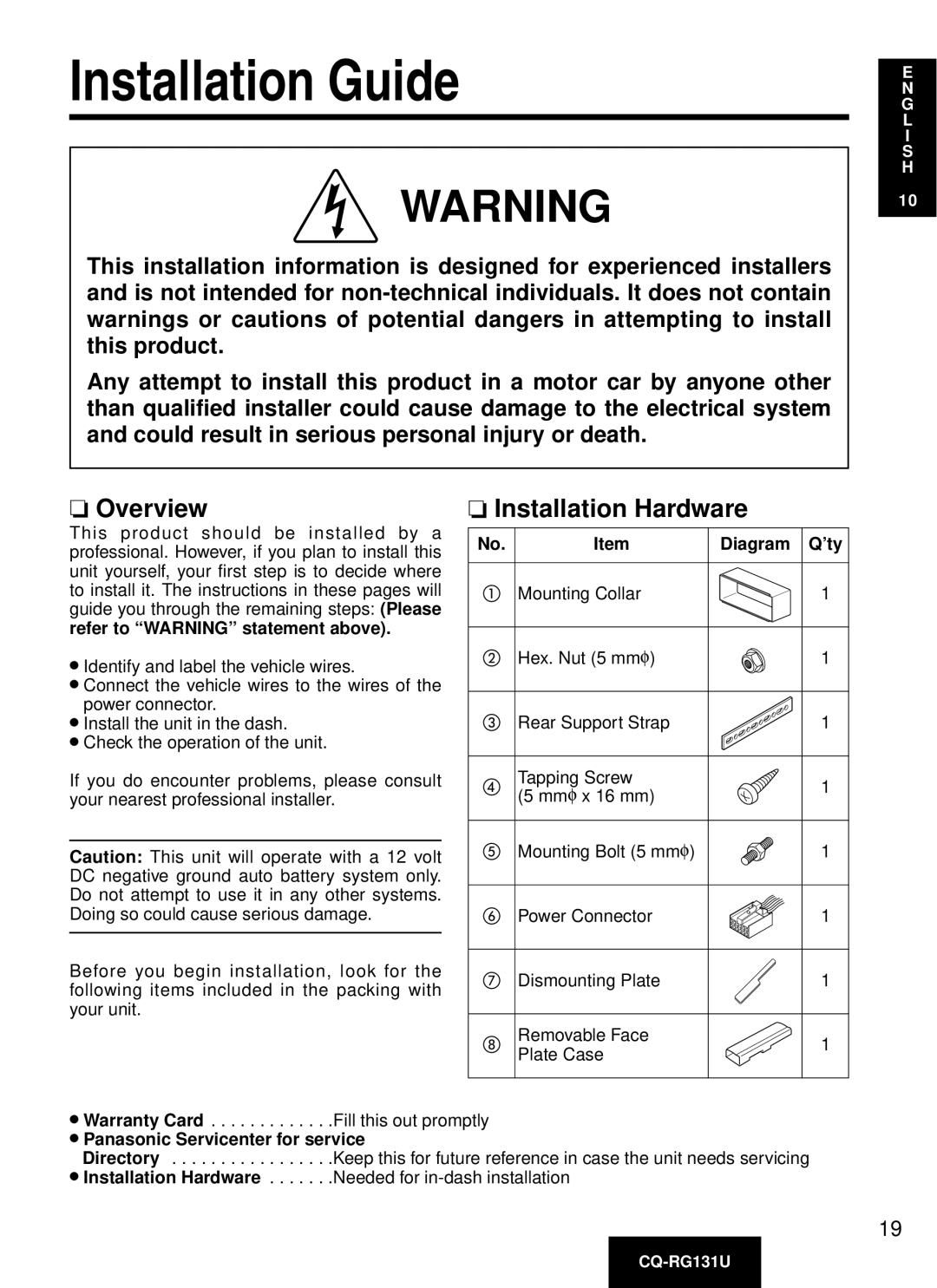 Panasonic CQ-RG131U Installation Guide, Overview, Installation Hardware, Diagram Q’ty, Panasonic Servicenter for service 