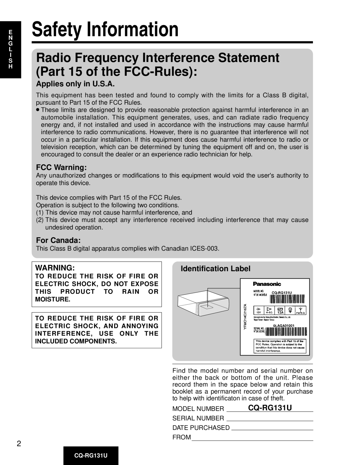 Panasonic CQ-RG131U manual Safety Information, Applies only in U.S.A, FCC Warning, For Canada, Identification Label 