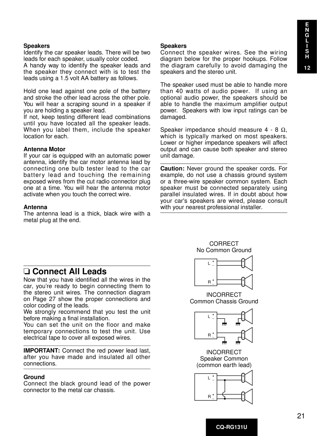 Panasonic CQ-RG131U manual Connect All Leads, Speakers, Antenna Motor, Ground 