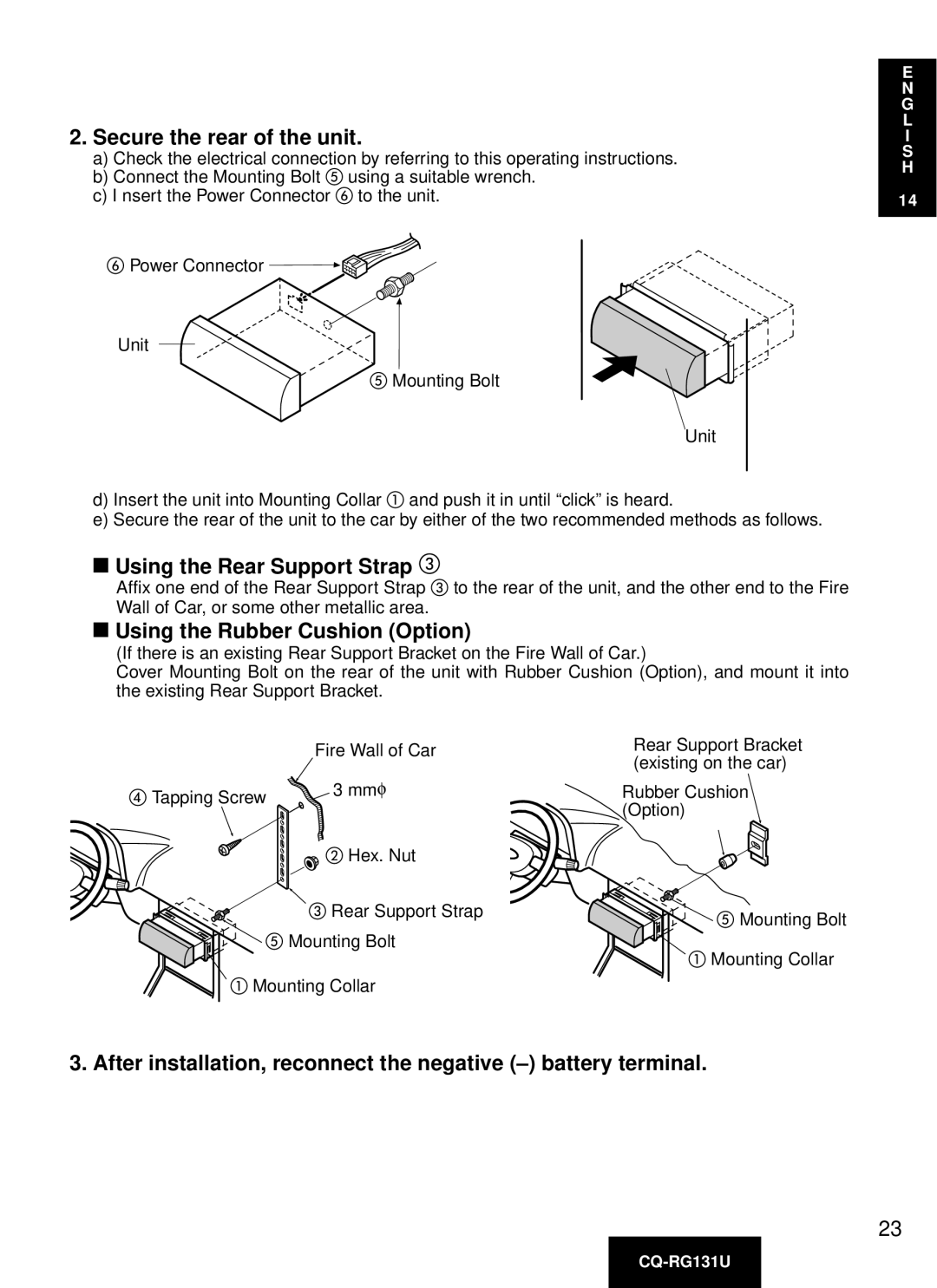 Panasonic CQ-RG131U manual Secure the rear of the unit, Using the Rear Support Strap, Using the Rubber Cushion Option 