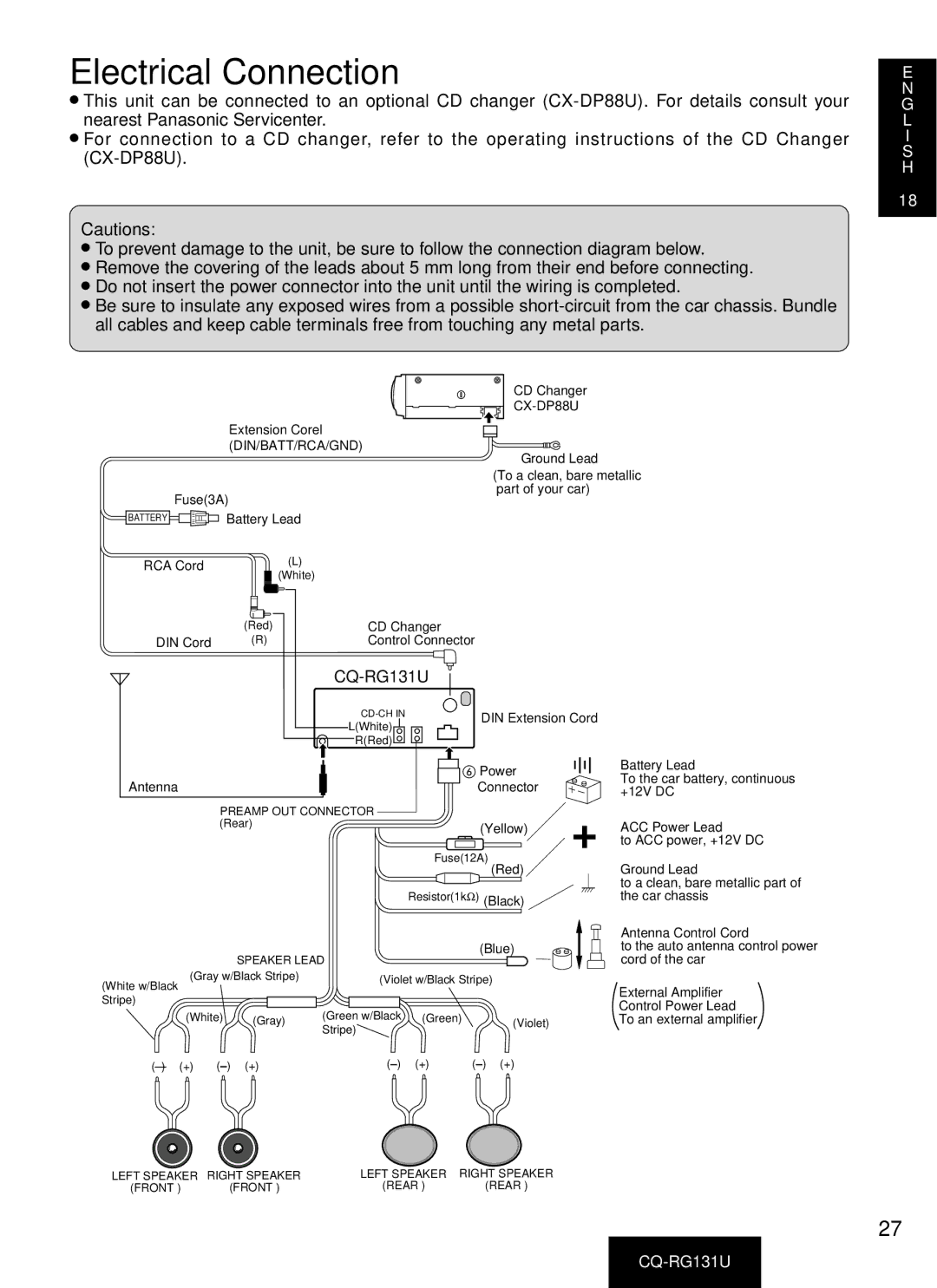 Panasonic CQ-RG131U manual Electrical Connection, CX-DP88U 