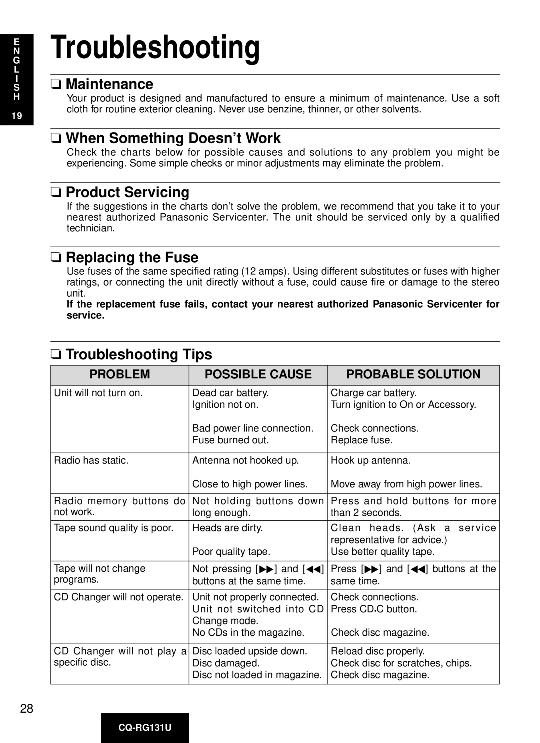 Panasonic CQ-RG131U manual Troubleshooting 