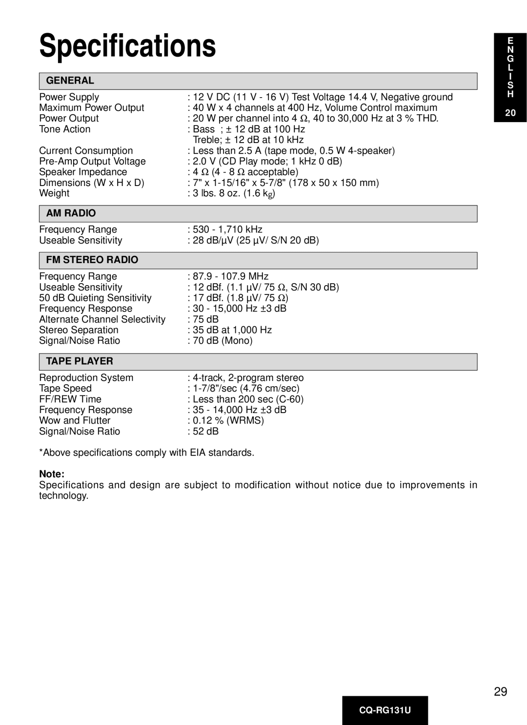 Panasonic CQ-RG131U manual Specifications, General 