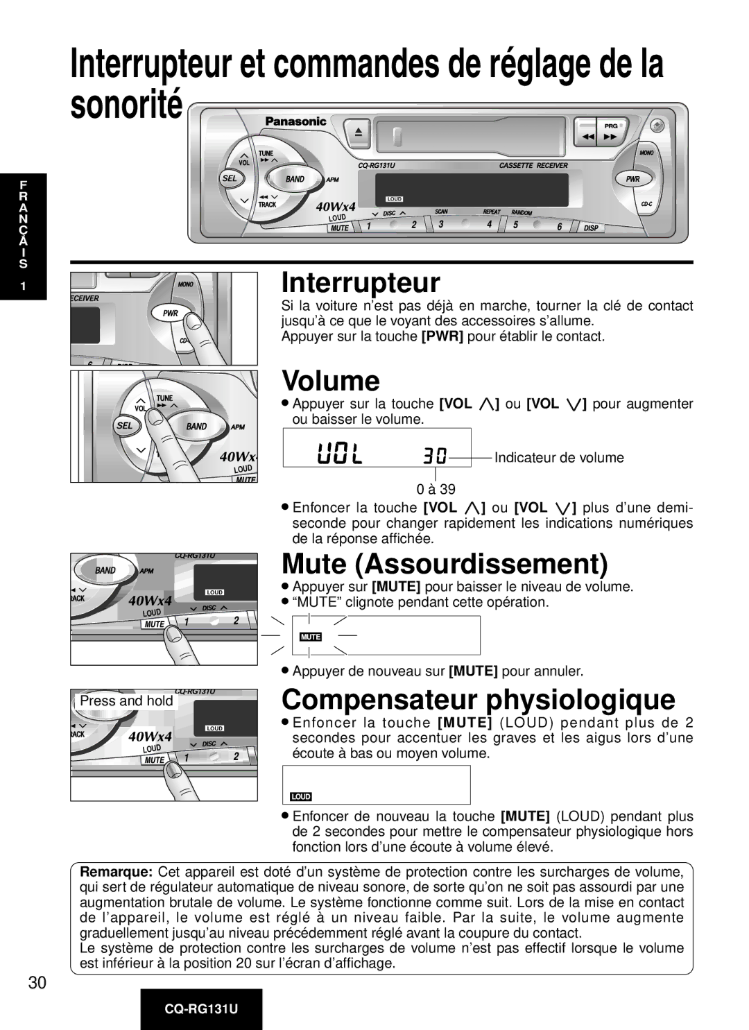 Panasonic CQ-RG131U manual Interrupteur, Mute Assourdissement, Compensateur physiologique 