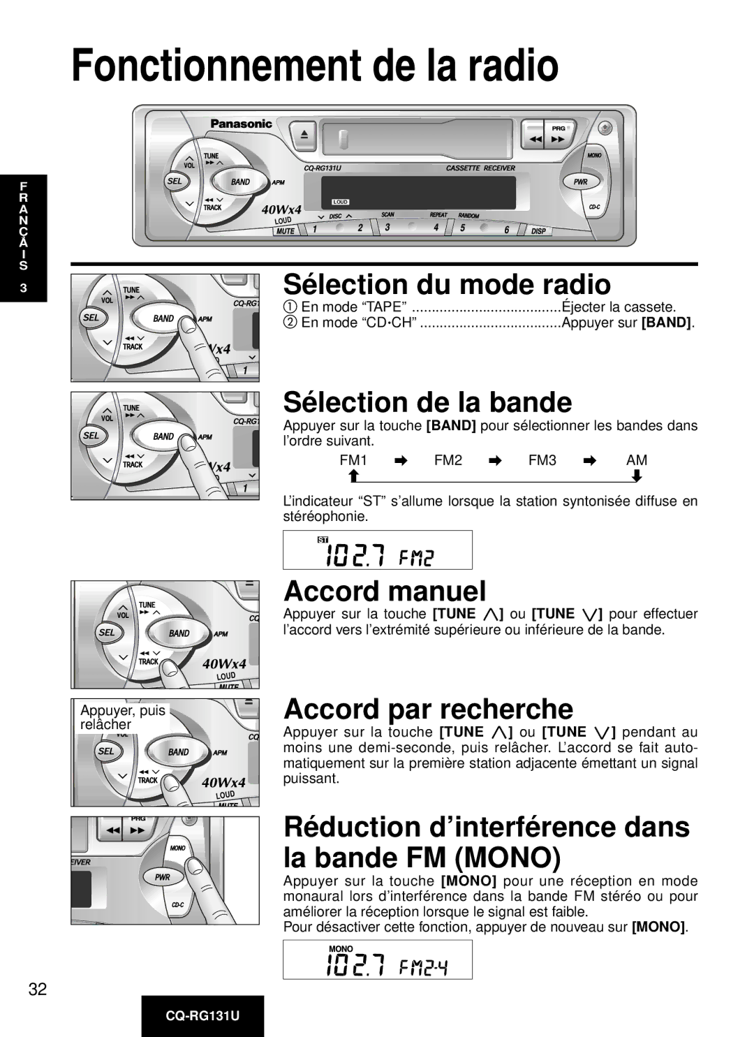 Panasonic CQ-RG131U manual Fonctionnement de la radio 