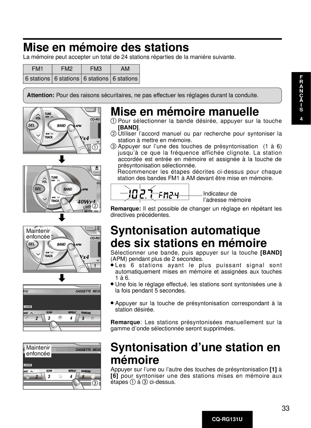 Panasonic CQ-RG131U manual Mise en mé moire des stations, Syntonisation d’une station en mé moire, Maintenir, Enfoncée 