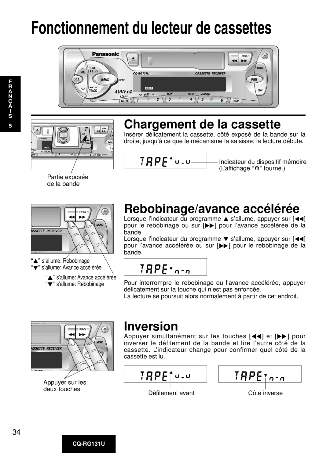 Panasonic CQ-RG131U manual Chargement de la cassette, Rebobinage/avance accé lé ré e, Inversion 