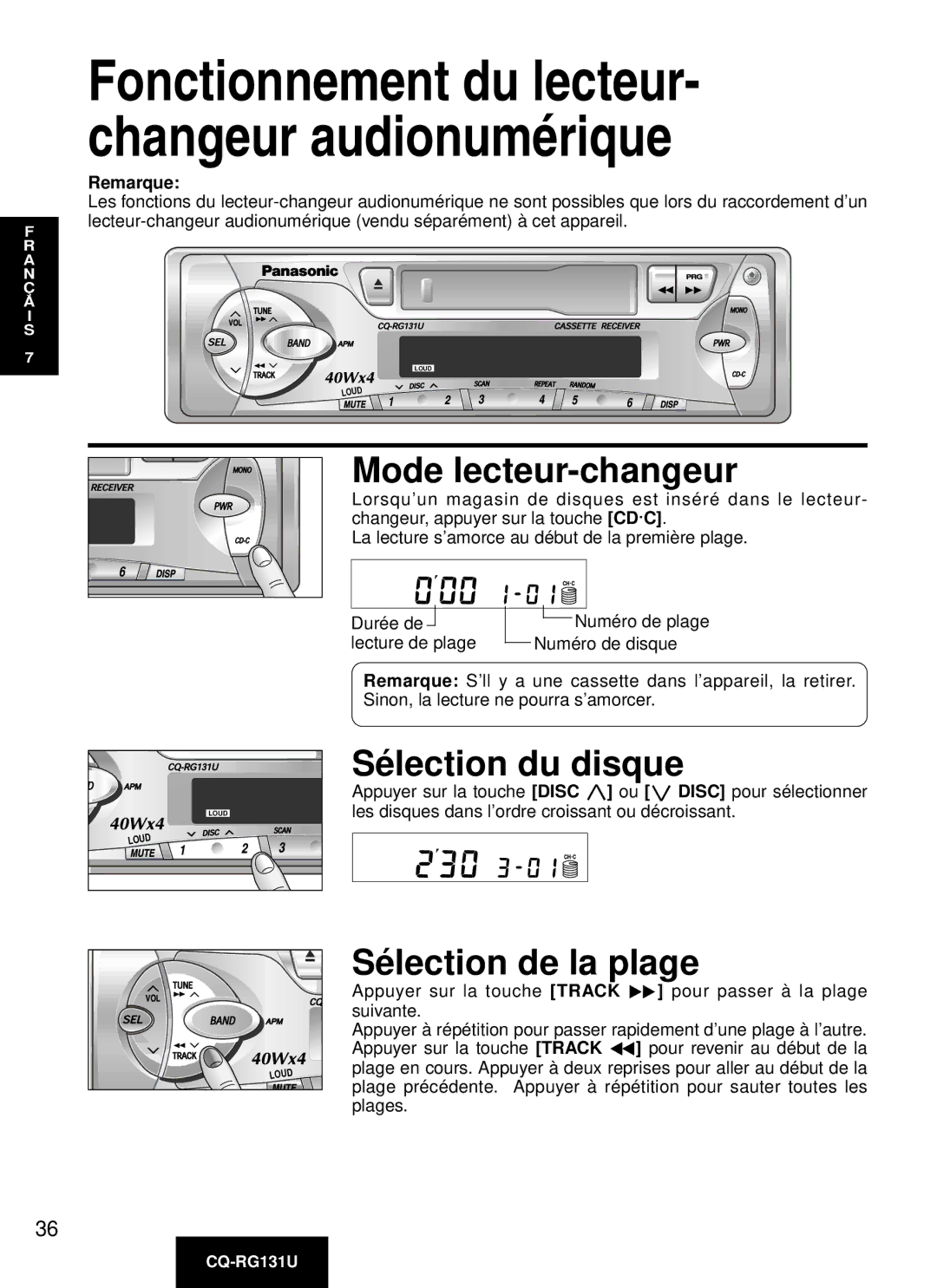 Panasonic CQ-RG131U manual Mode lecteur-changeur, Sé lection du disque, Sé lection de la plage 