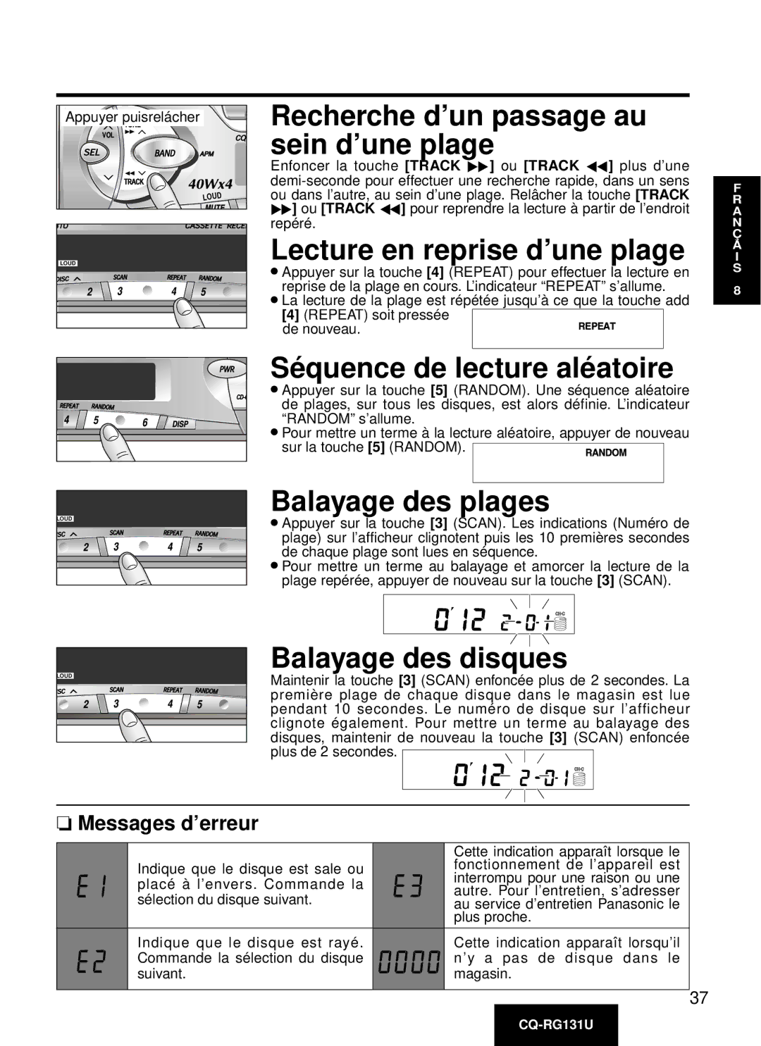 Panasonic CQ-RG131U manual Recherche d’un passage au sein d’une plage, Lecture en reprise d’une plage, Balayage des disques 