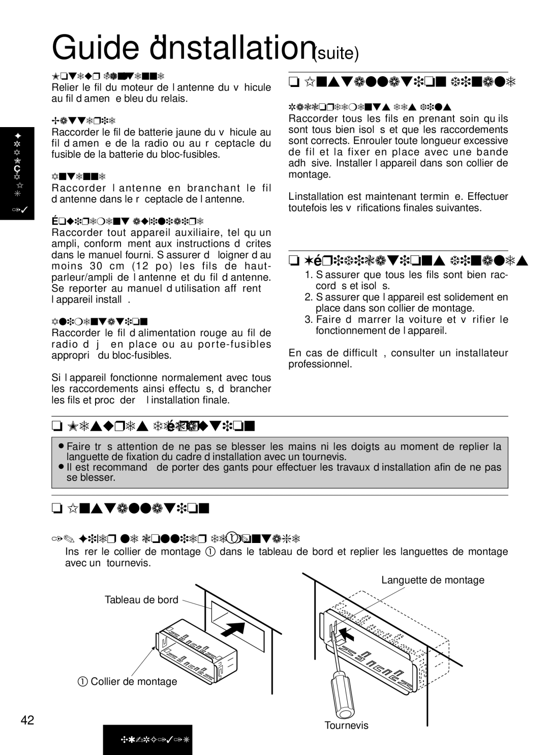 Panasonic CQ-RG131U manual Installation finale, Vé rifications finales, Mesures de pré caution, Fixer le collier de montage 