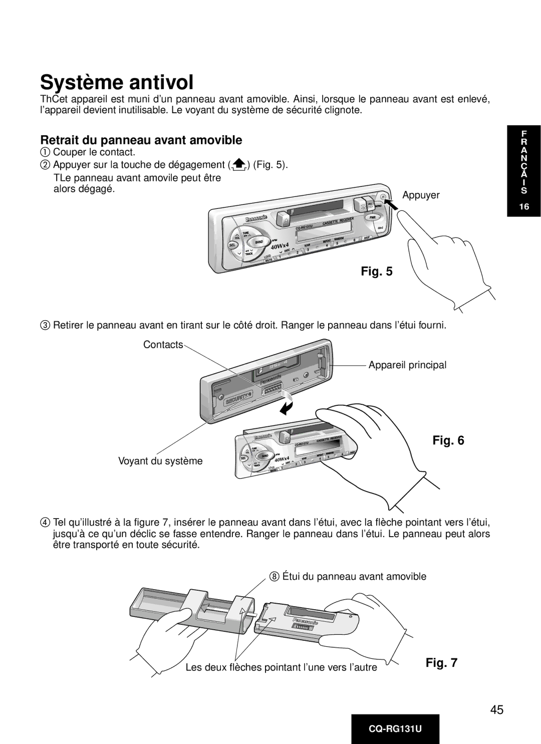 Panasonic CQ-RG131U manual Systè me antivol, Retrait du panneau avant amovible 