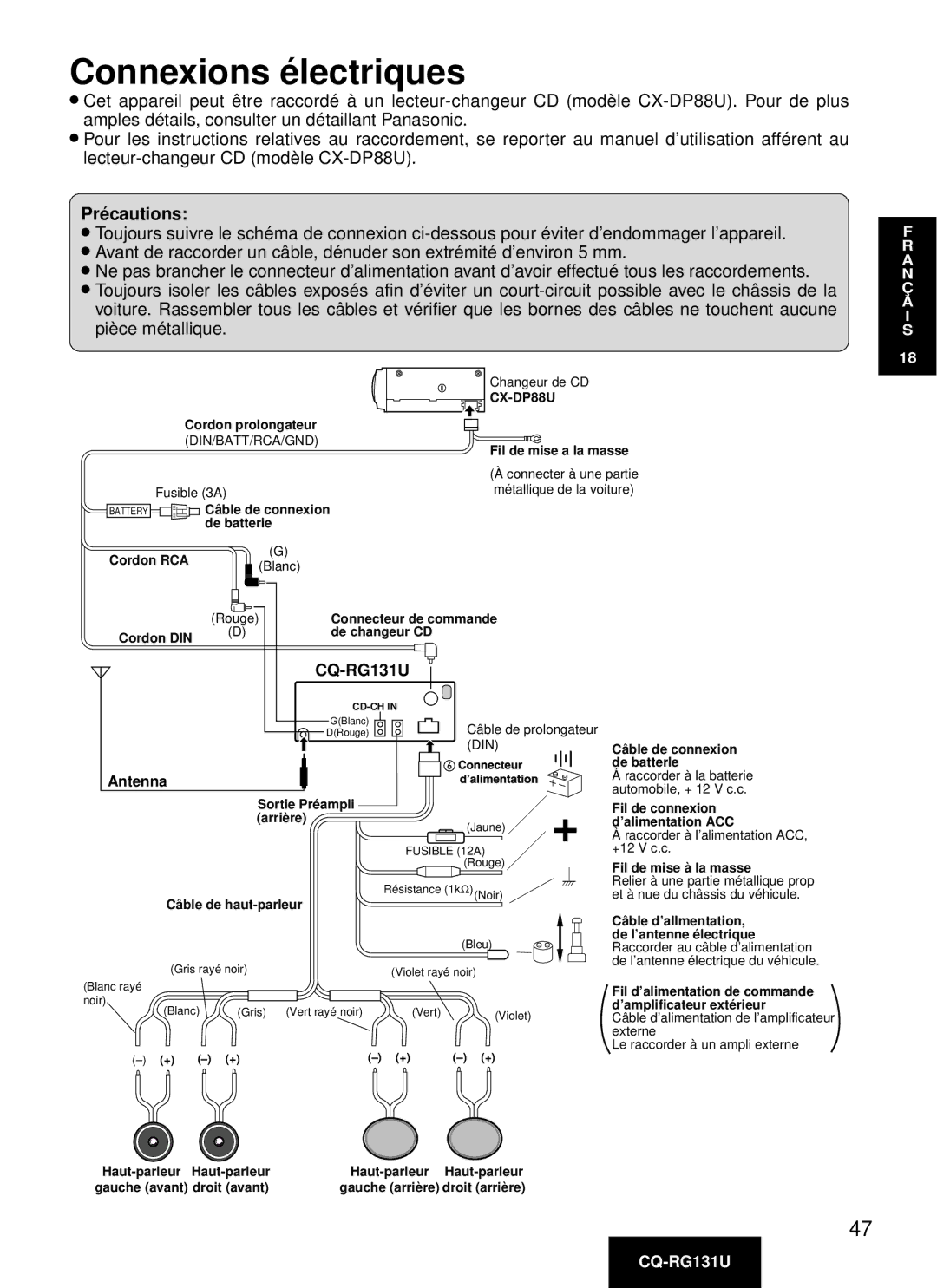 Panasonic CQ-RG131U manual Connexions é lectriques, Pré cautions 