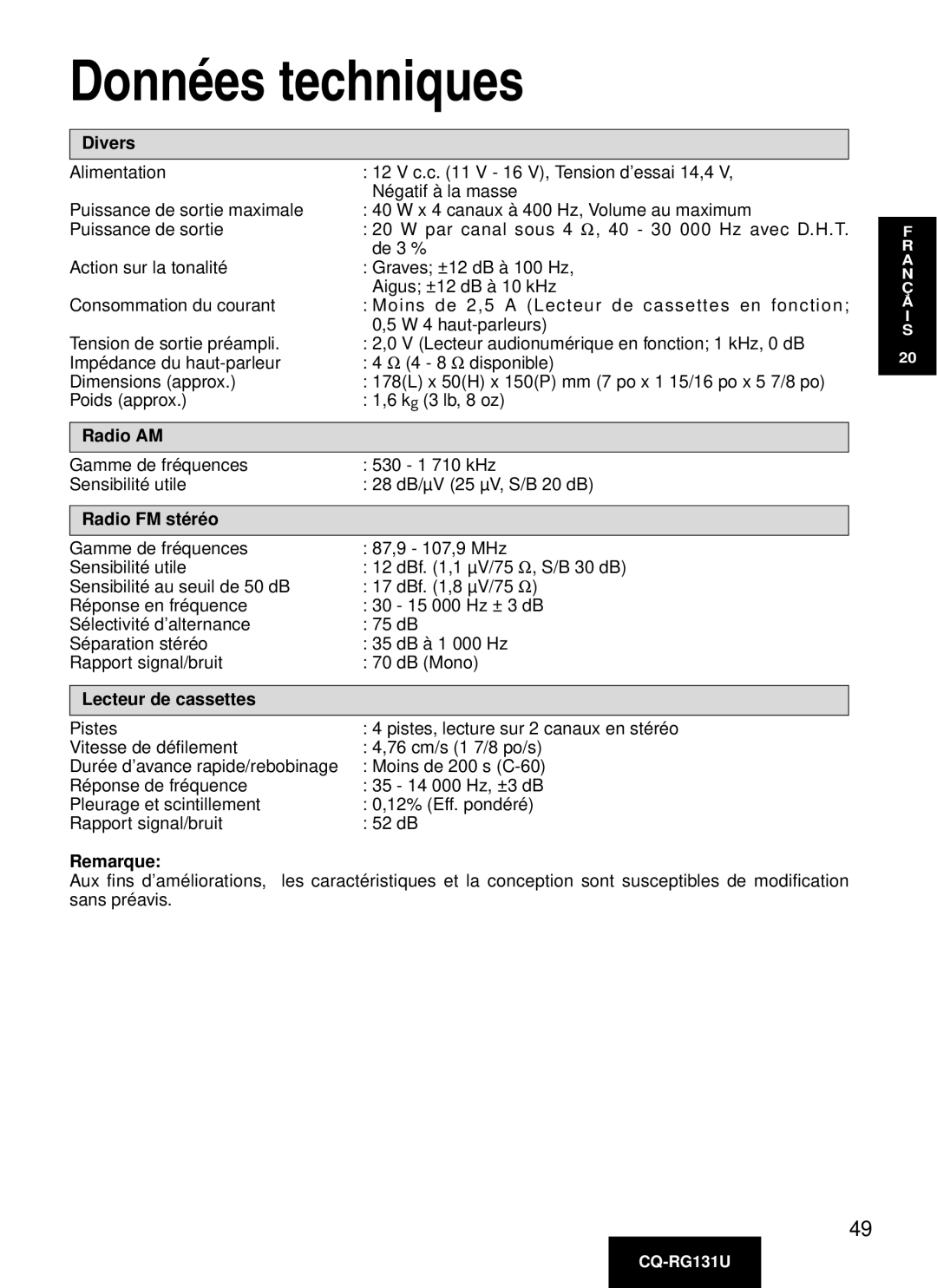 Panasonic CQ-RG131U manual Données techniques, Divers, Radio AM, Radio FM sté ré o, Lecteur de cassettes 