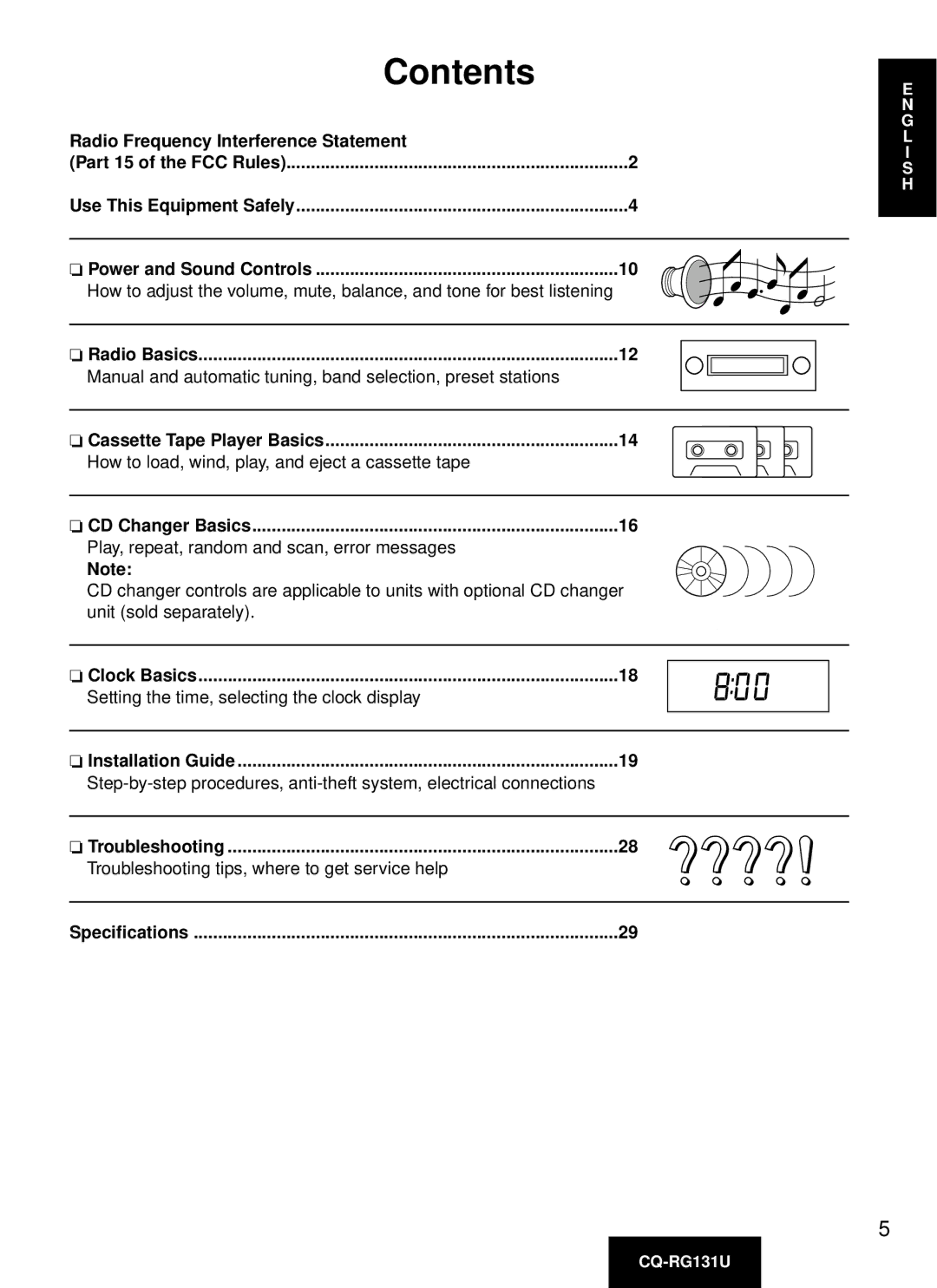 Panasonic CQ-RG131U manual Contents 