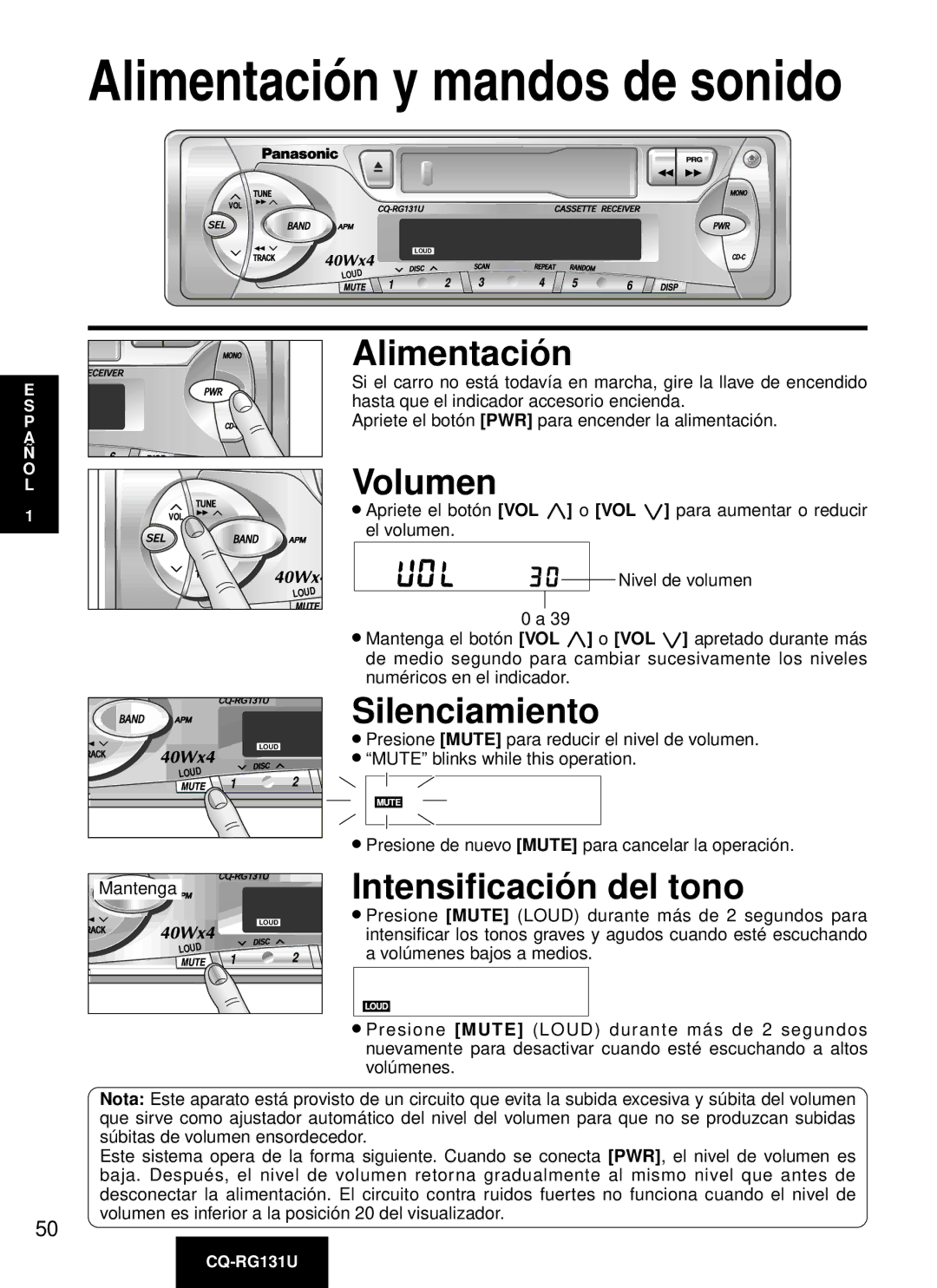 Panasonic CQ-RG131U manual Alimentació n, Volumen, Silenciamiento, Intensificació n del tono, Mantenga 