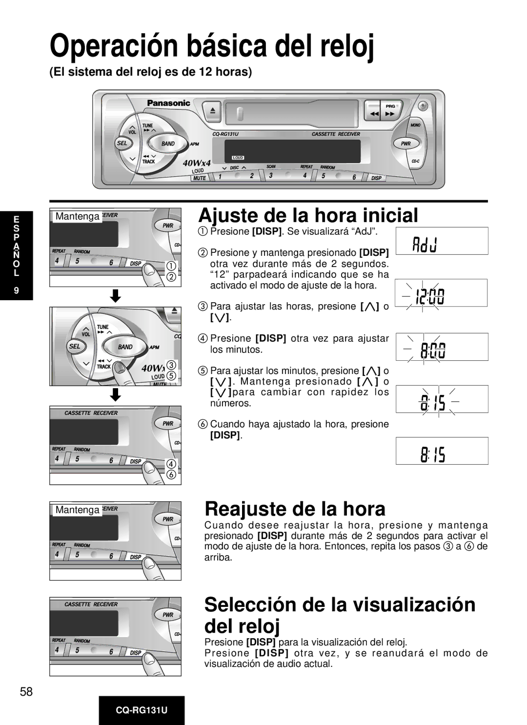 Panasonic CQ-RG131U manual Operación básica del reloj, Ajuste de la hora inicial, Reajuste de la hora 