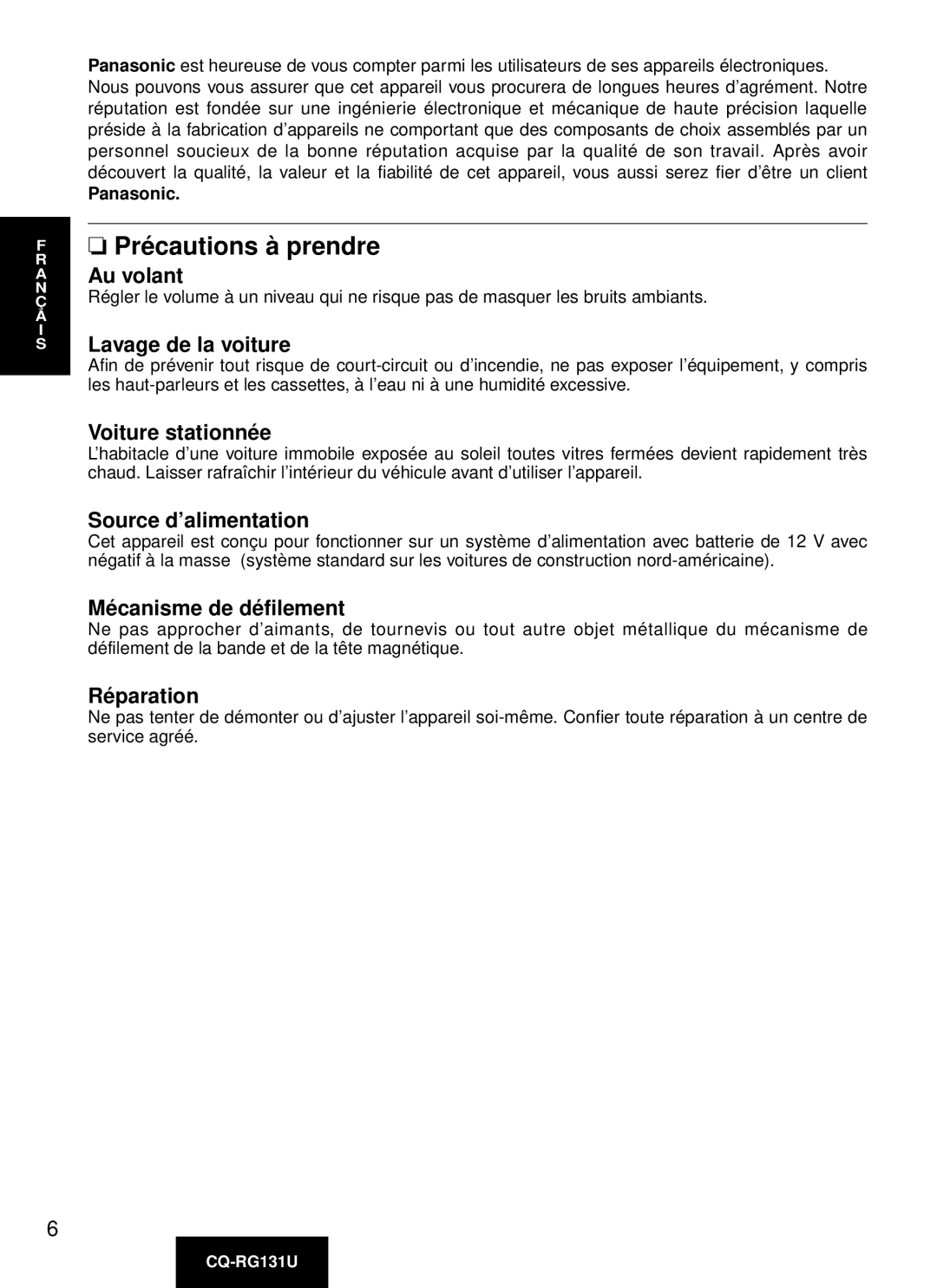 Panasonic CQ-RG131U manual Précautions à prendre 